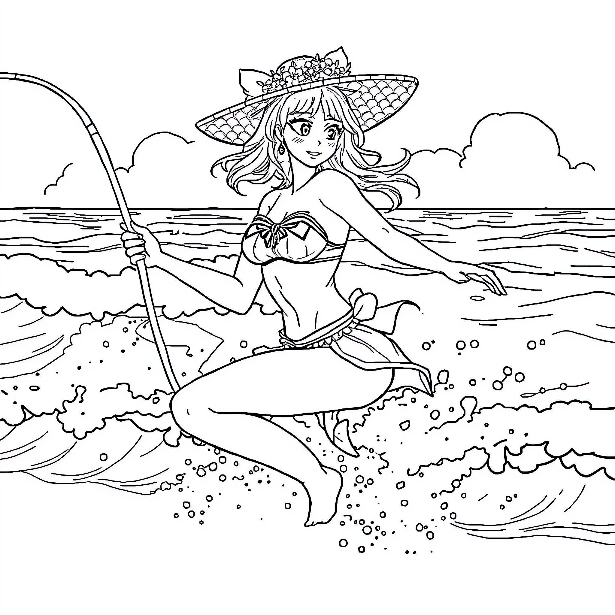 Sakura Girl Fishing in the Ocean Coloring Page (free black-and-white line drawing printable PDF for all, from beginners to advanced learners, including children, teens, adults, and seniors)