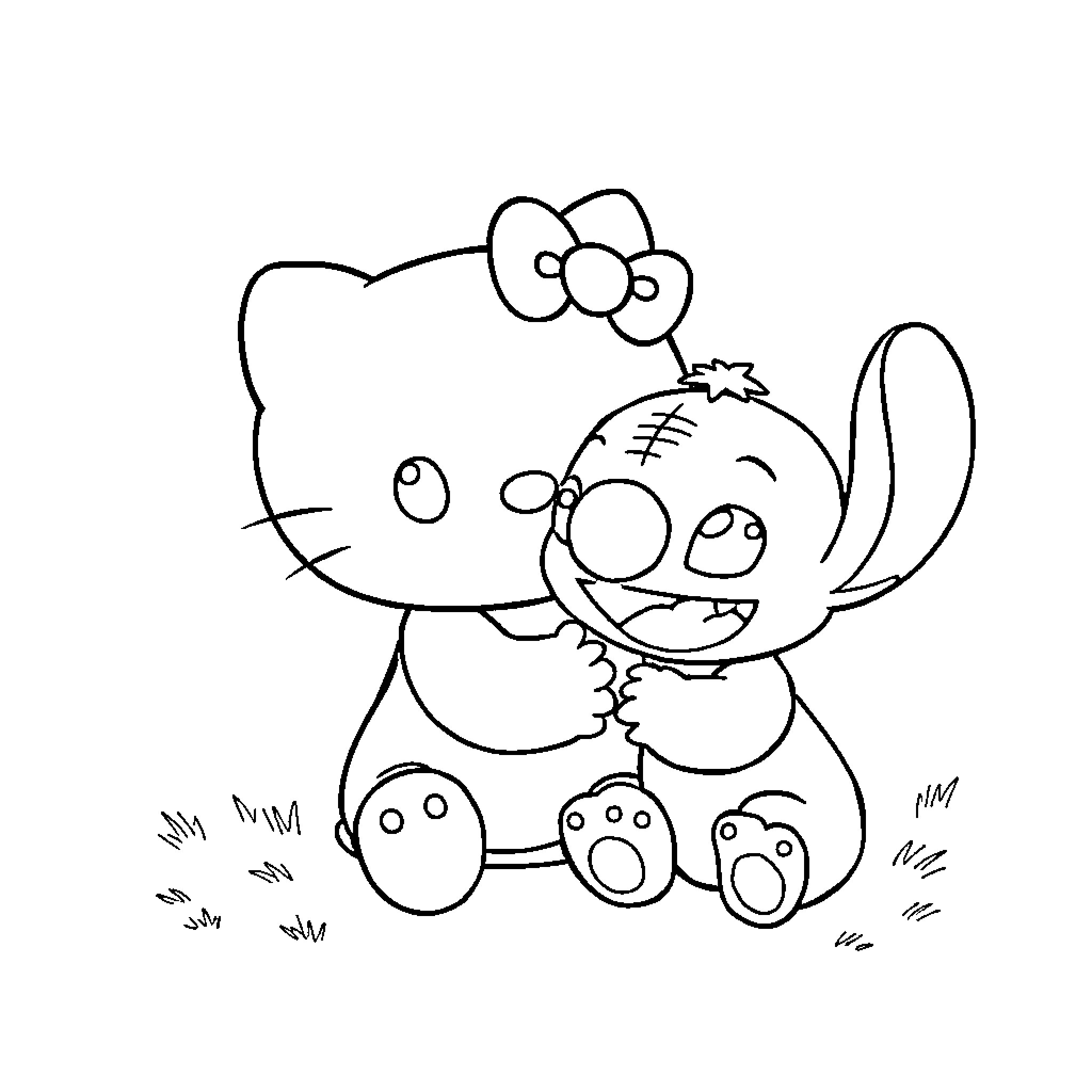 Hello Kitty hugging a cute friend Coloring Page (free black-and-white line drawing printable PDF for all, from beginners to advanced learners, including children, teens, adults, and seniors)