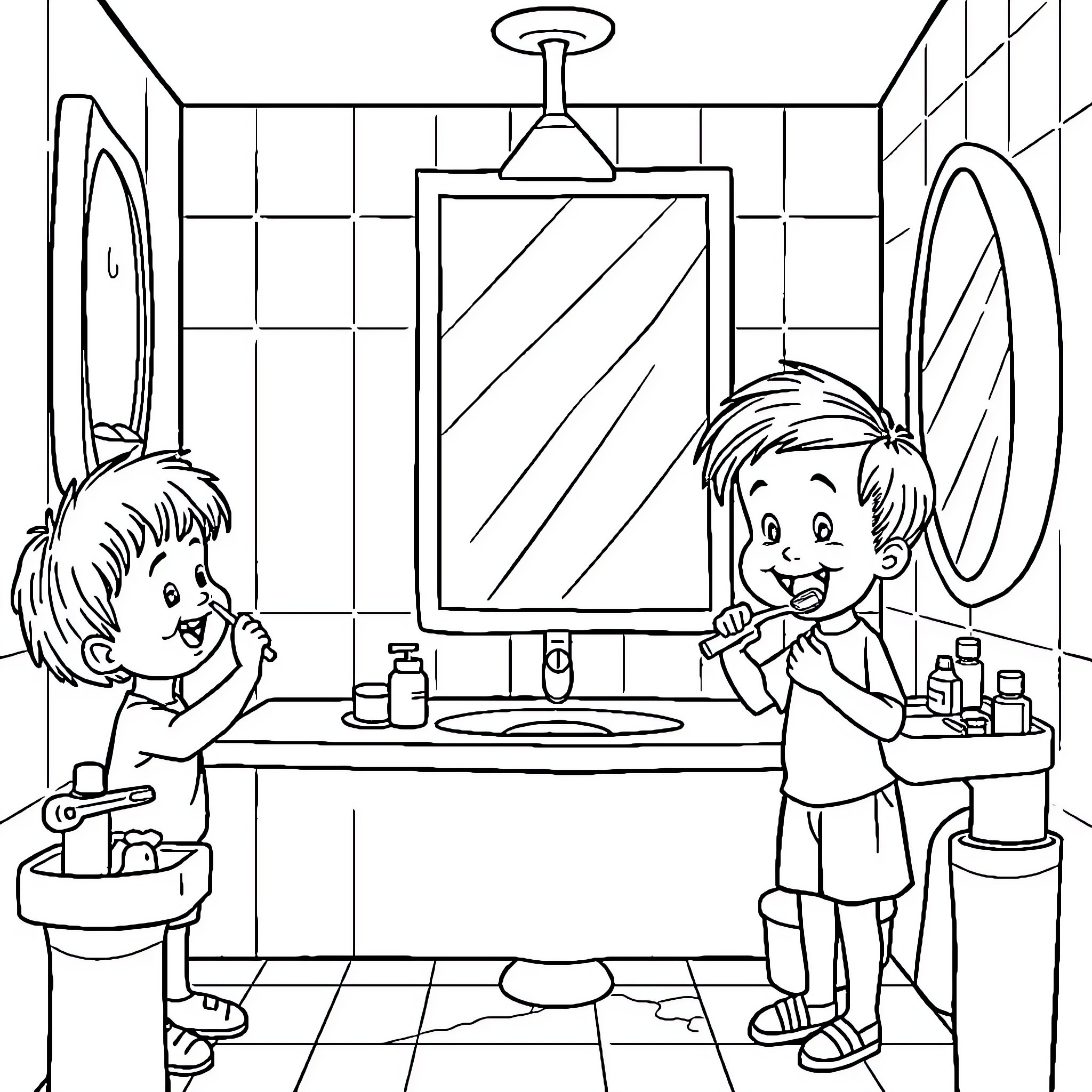 Child enjoying time in the bathroom Coloring Page (free black-and-white line drawing printable PDF for all, from beginners to advanced learners, including children, teens, adults, and seniors)