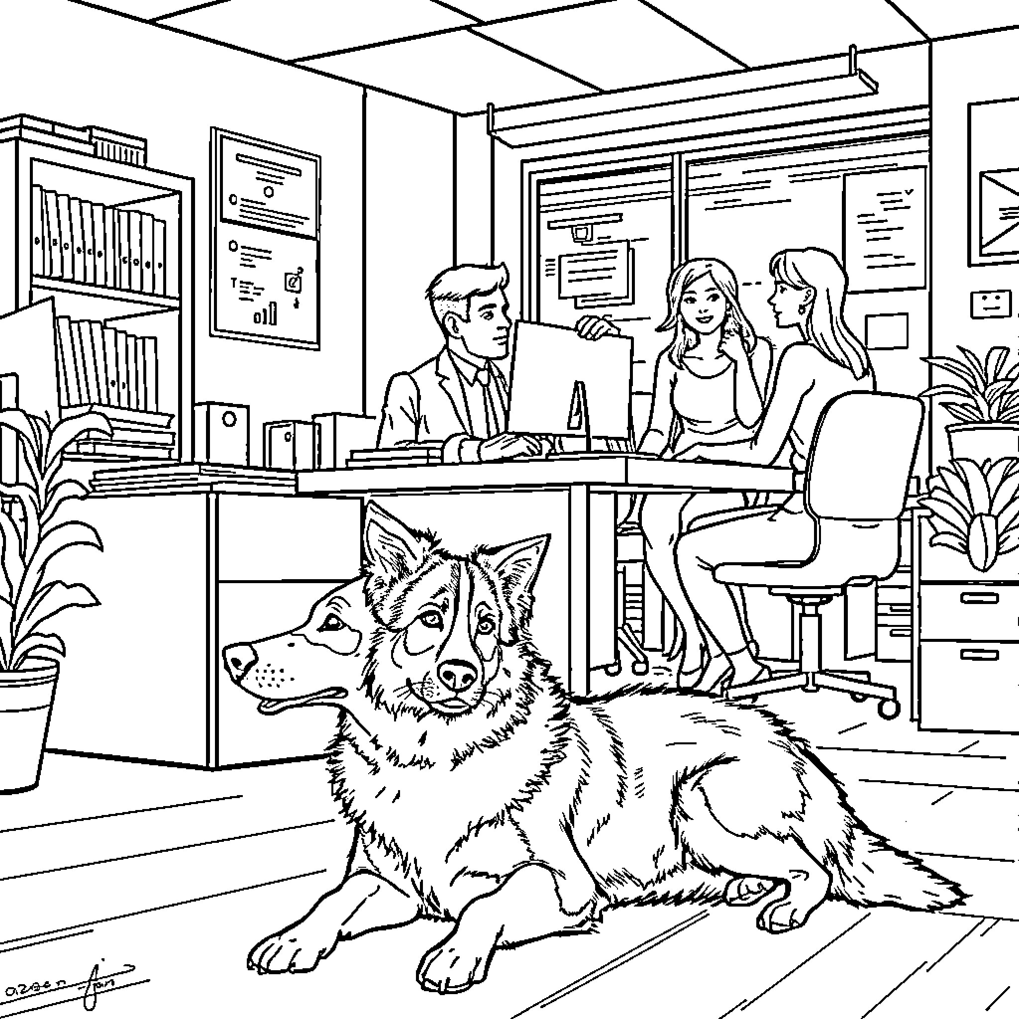 Dog resting in an office setting Coloring Page (free black-and-white line drawing printable PDF for all, from beginners to advanced learners, including children, teens, adults, and seniors)