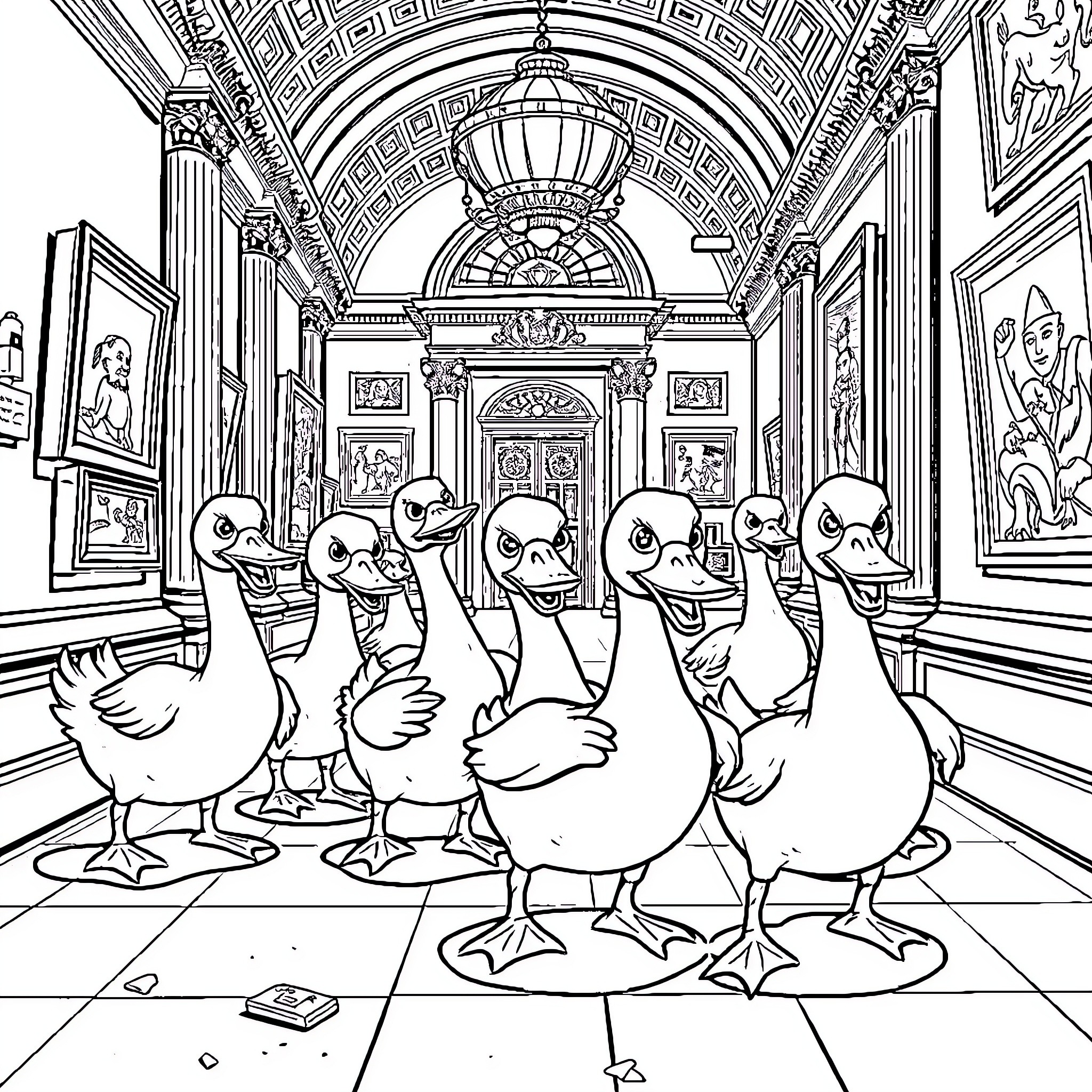 Goose group exploring an ornate interior Coloring Page (free black-and-white line drawing printable PDF for all, from beginners to advanced learners, including children, teens, adults, and seniors)