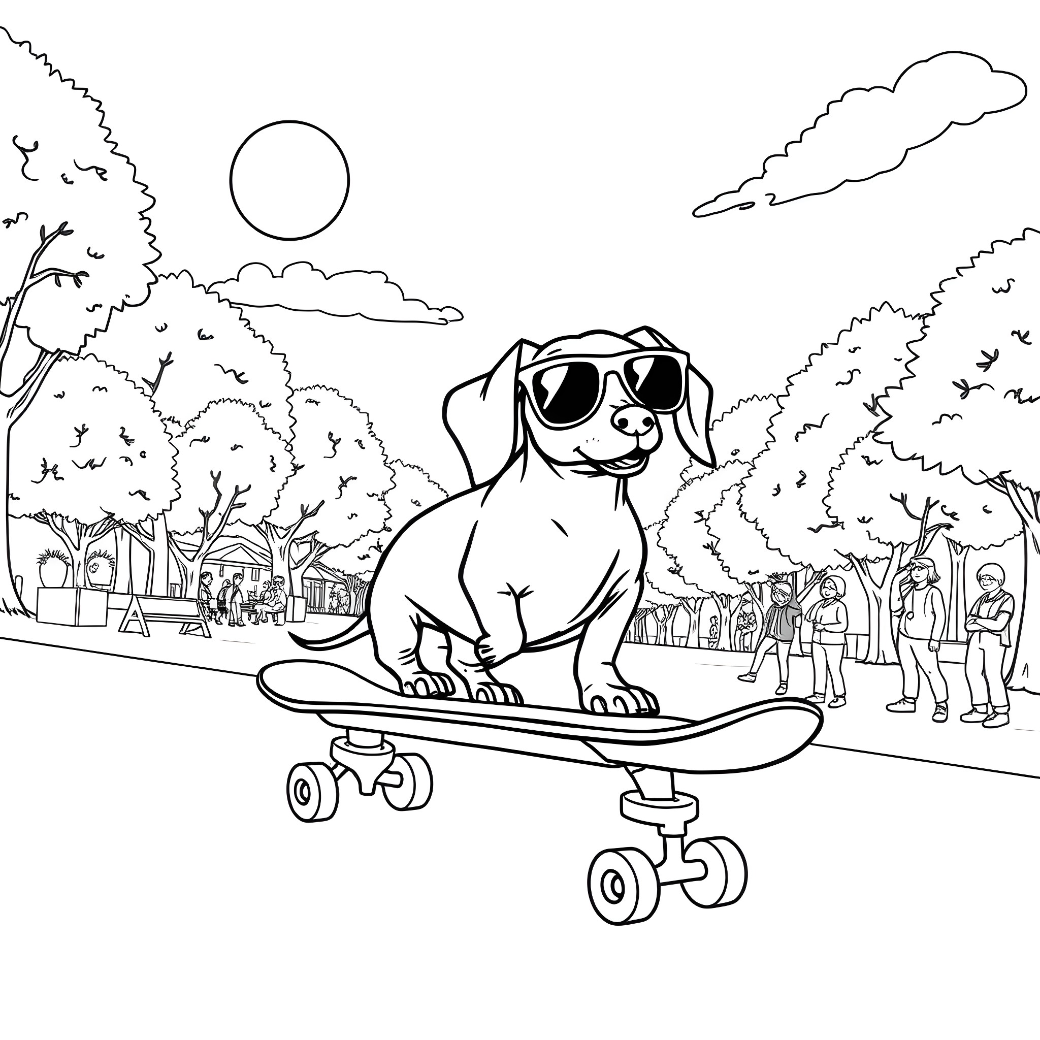 Dachshund riding skateboard in the park Coloring Page (free black-and-white line drawing printable PDF for all, from beginners to advanced learners, including children, teens, adults, and seniors)