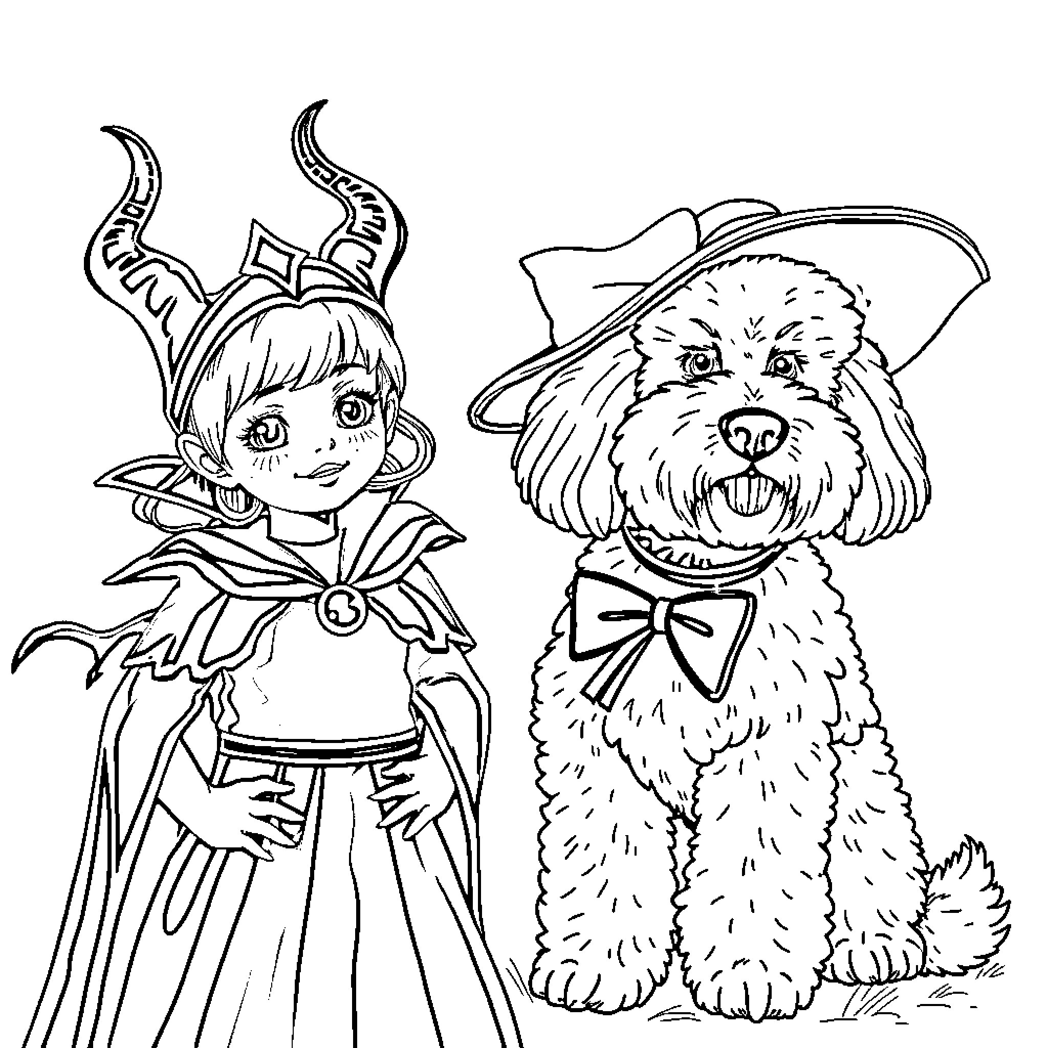 Girl in Costume with Pet Dog Coloring Page (free black-and-white line drawing printable PDF for all, from beginners to advanced learners, including children, teens, adults, and seniors)