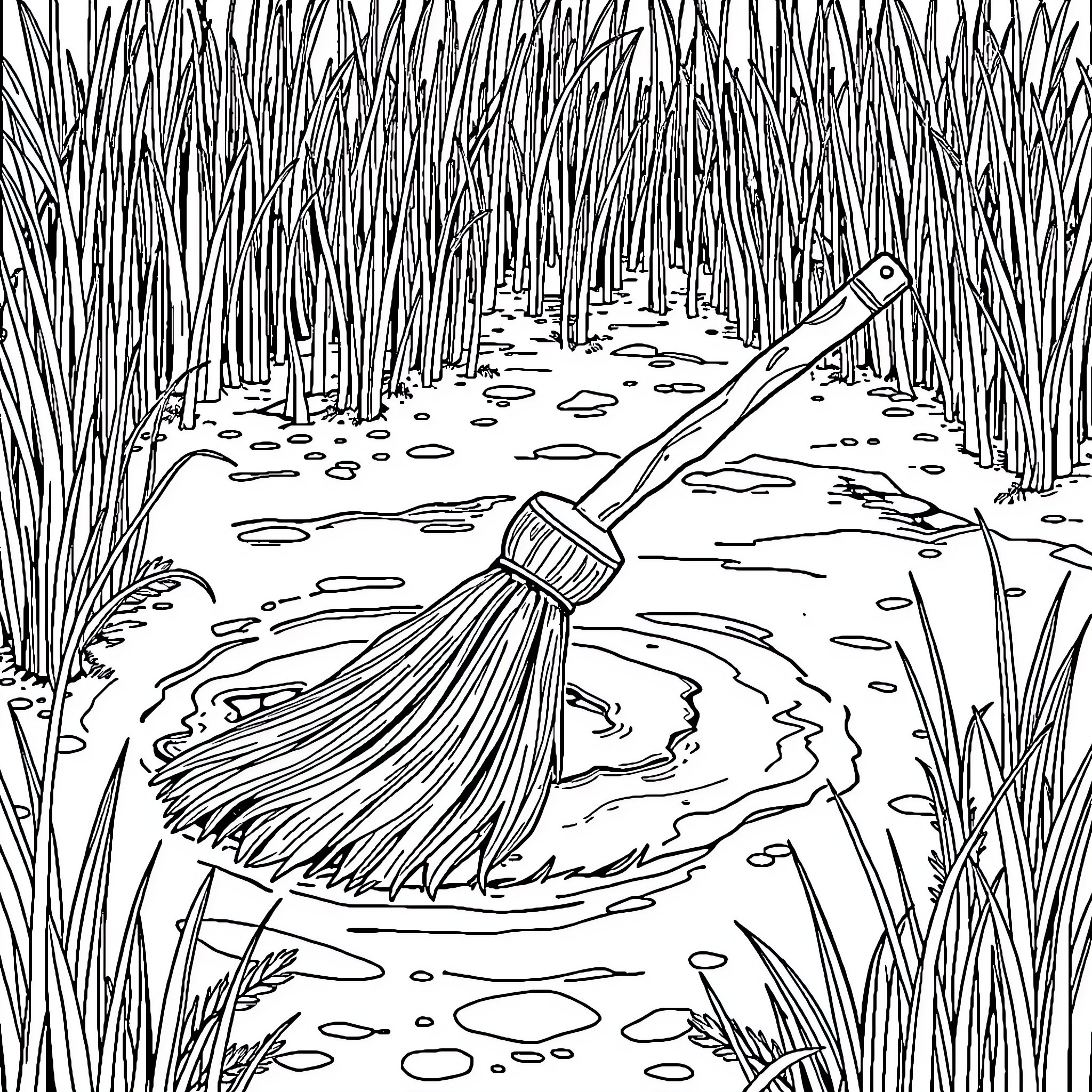 Broomstick in the Enchanted Forest Coloring Page (free black-and-white line drawing printable PDF for all, from beginners to advanced learners, including children, teens, adults, and seniors)