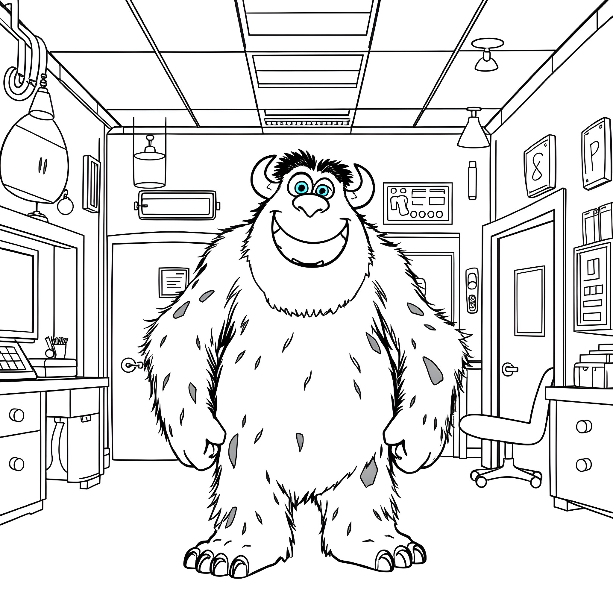 Sulley exploring the modern office environment Coloring Page (free black-and-white line drawing printable PDF for all, from beginners to advanced learners, including children, teens, adults, and seniors)
