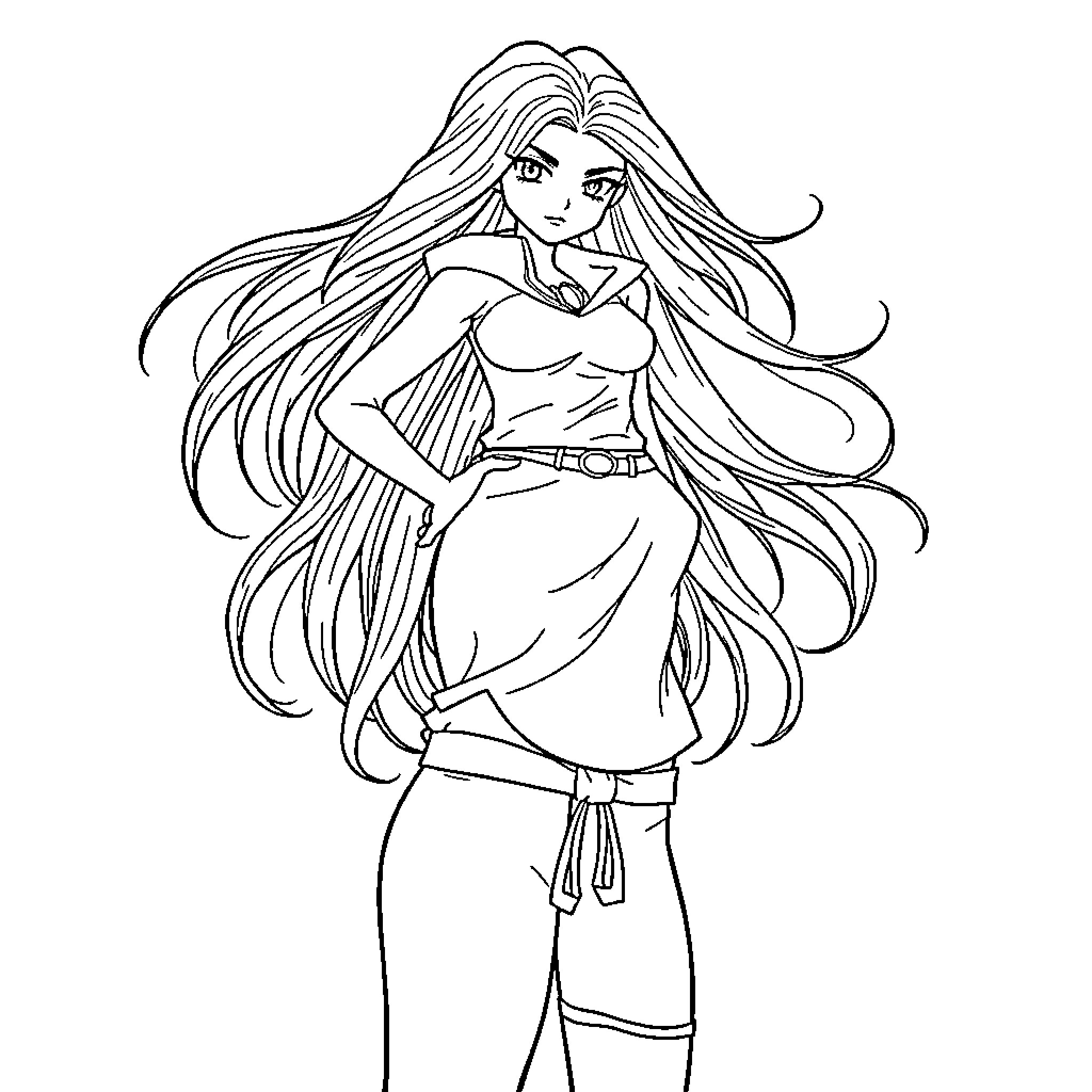 Makima in Striking Pose with Long Flowing Hair Coloring Page (free black-and-white line drawing printable PDF for all, from beginners to advanced learners, including children, teens, adults, and seniors)