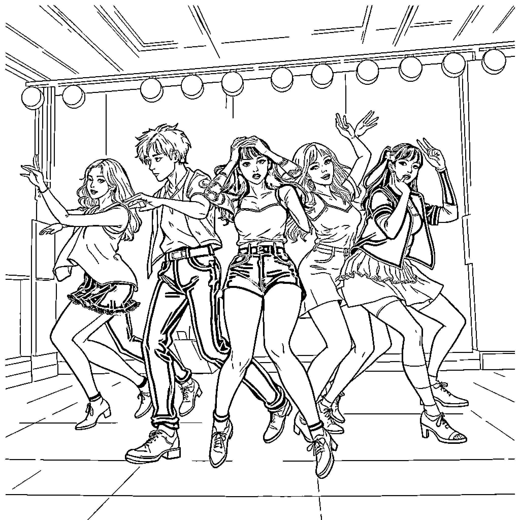 Rumi's Vibrant Dance Troupe Performance Coloring Page (free black-and-white line drawing printable PDF for all, from beginners to advanced learners, including children, teens, adults, and seniors)