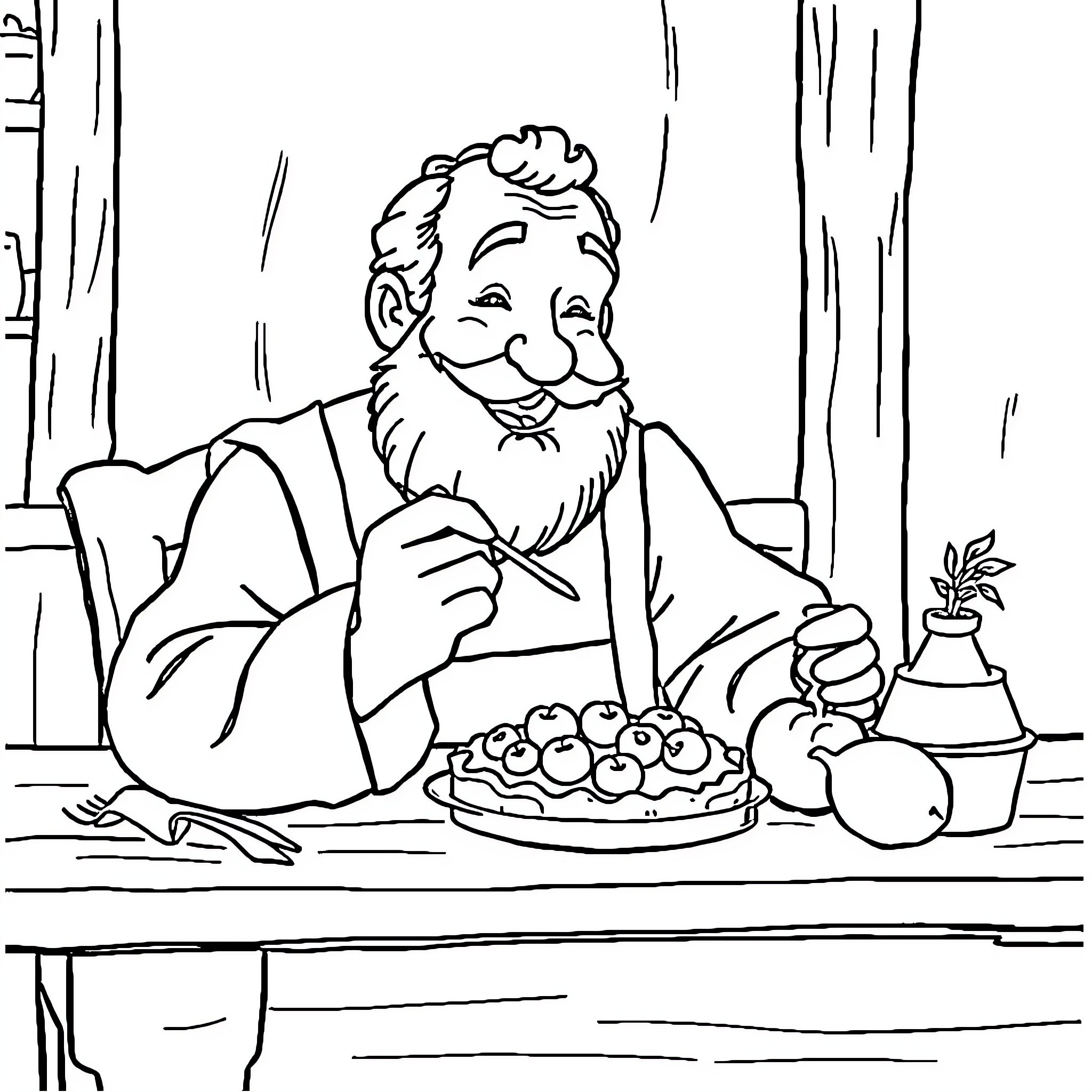 Père Fourras enjoying a hearty meal Coloring Page (free black-and-white line drawing printable PDF for all, from beginners to advanced learners, including children, teens, adults, and seniors)