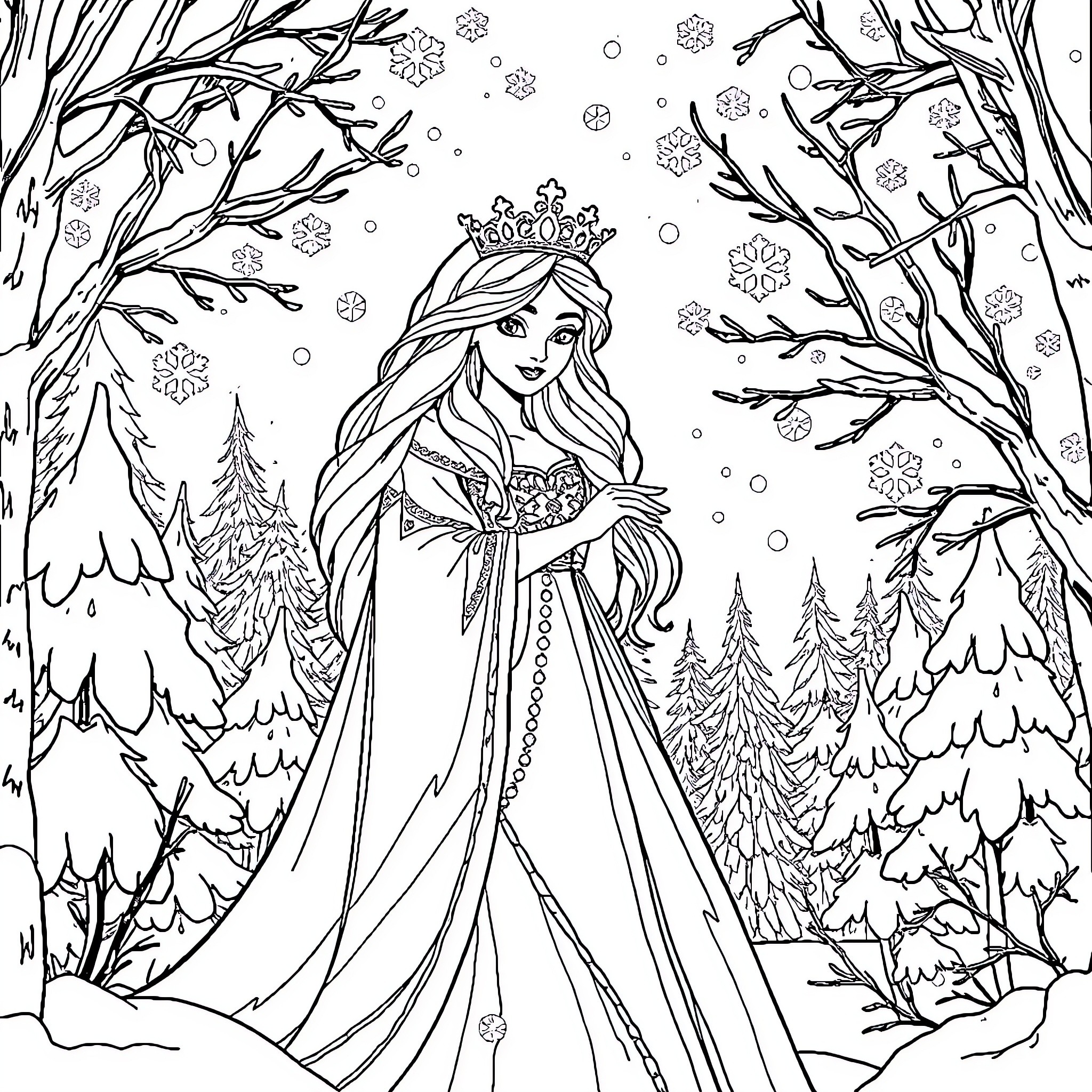 Snow Queen in Snowy Winter Wonderland Coloring Page (free black-and-white line drawing printable PDF for all, from beginners to advanced learners, including children, teens, adults, and seniors)