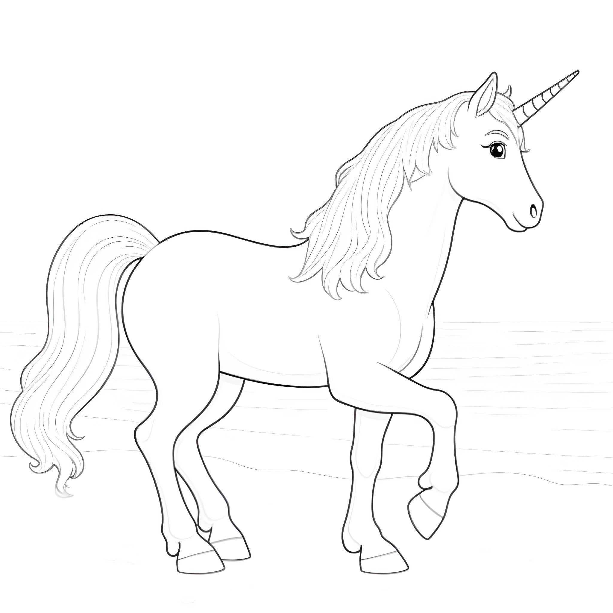 Unicorn standing majestically on a plain Coloring Page (free black-and-white line drawing printable PDF for all, from beginners to advanced learners, including children, teens, adults, and seniors)