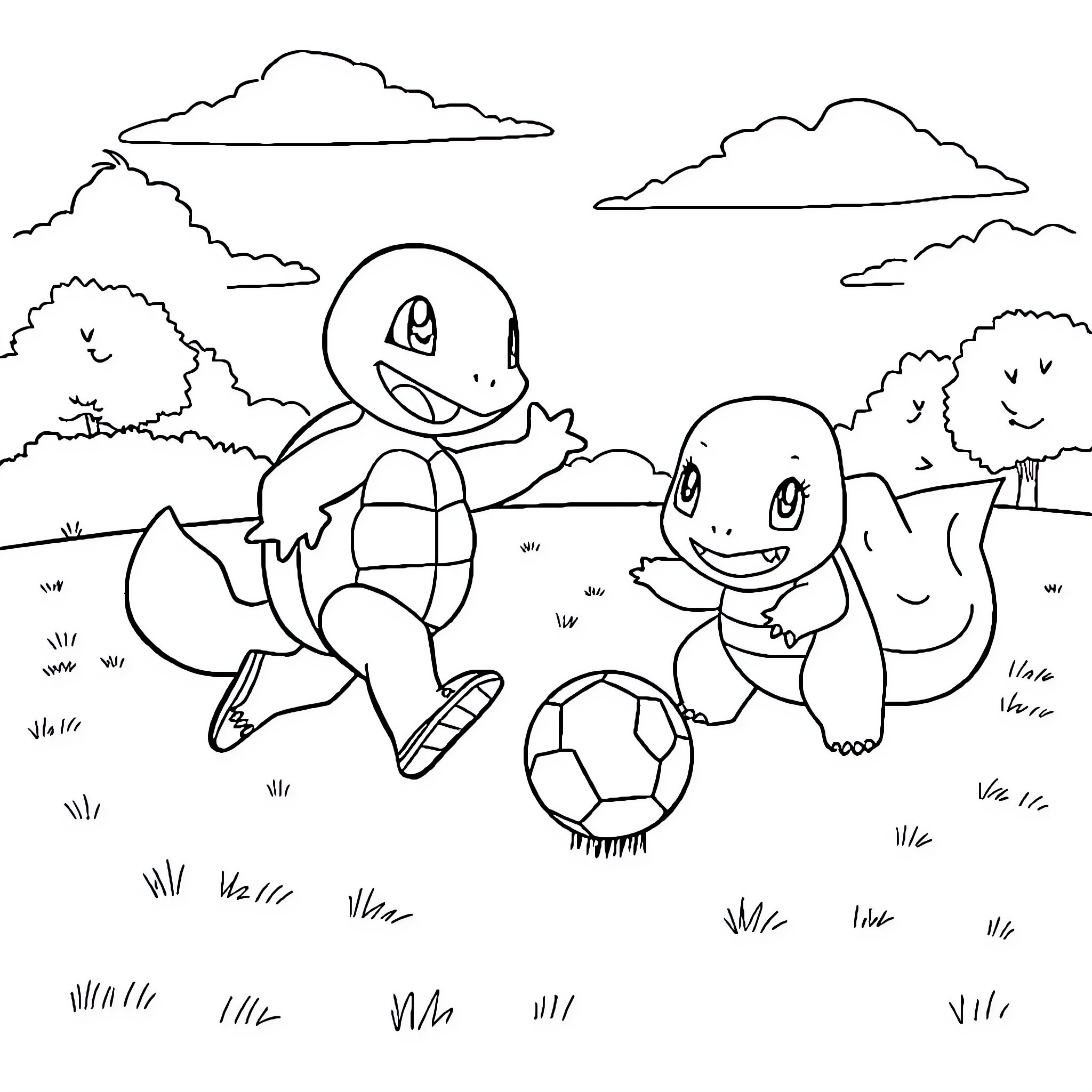 Squirtle playing with friends in a natural setting Coloring Page (free black-and-white line drawing printable PDF for all, from beginners to advanced learners, including children, teens, adults, and seniors)