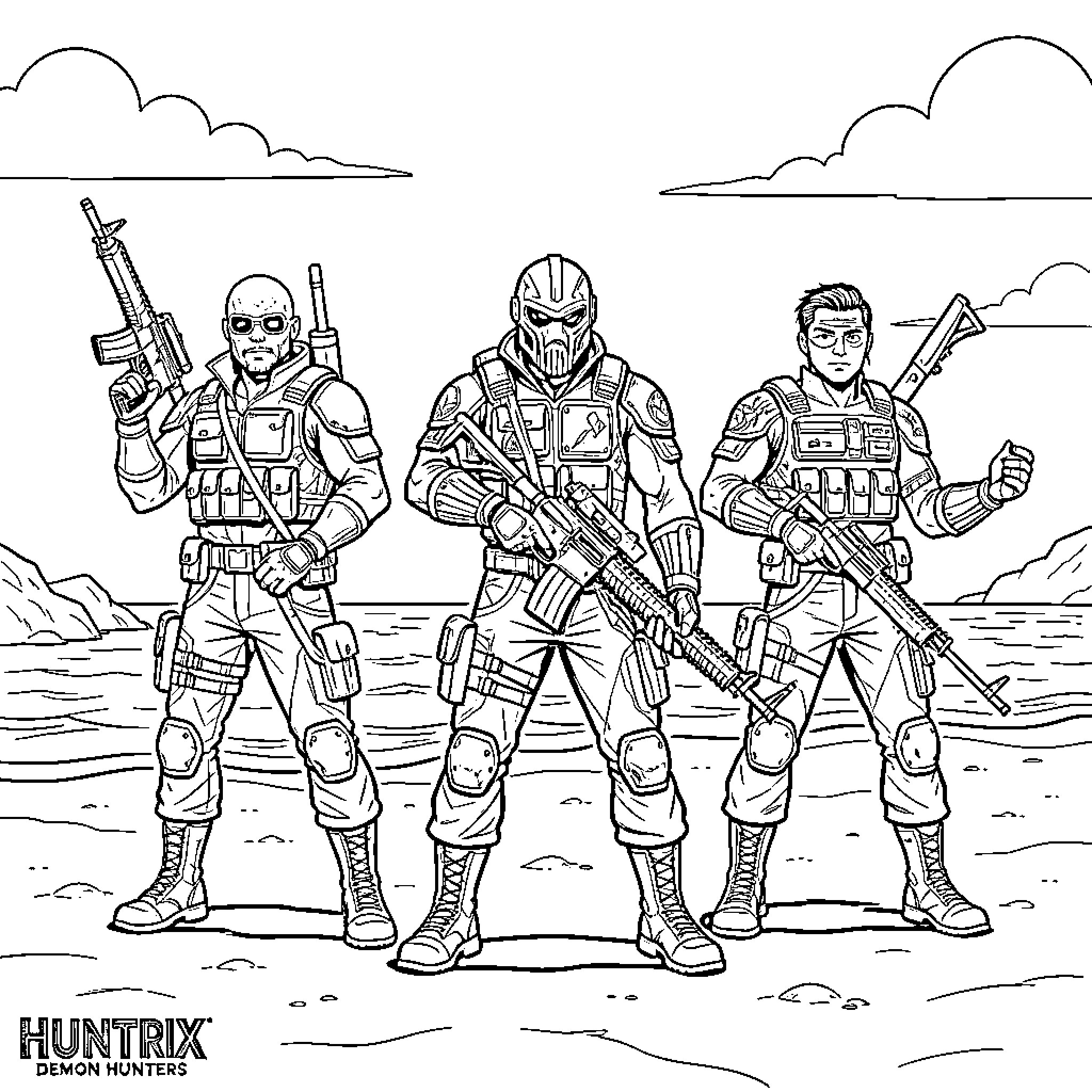 Demon Hunters standing ready with tactical weapons Coloring Page (free black-and-white line drawing printable PDF for all, from beginners to advanced learners, including children, teens, adults, and seniors)