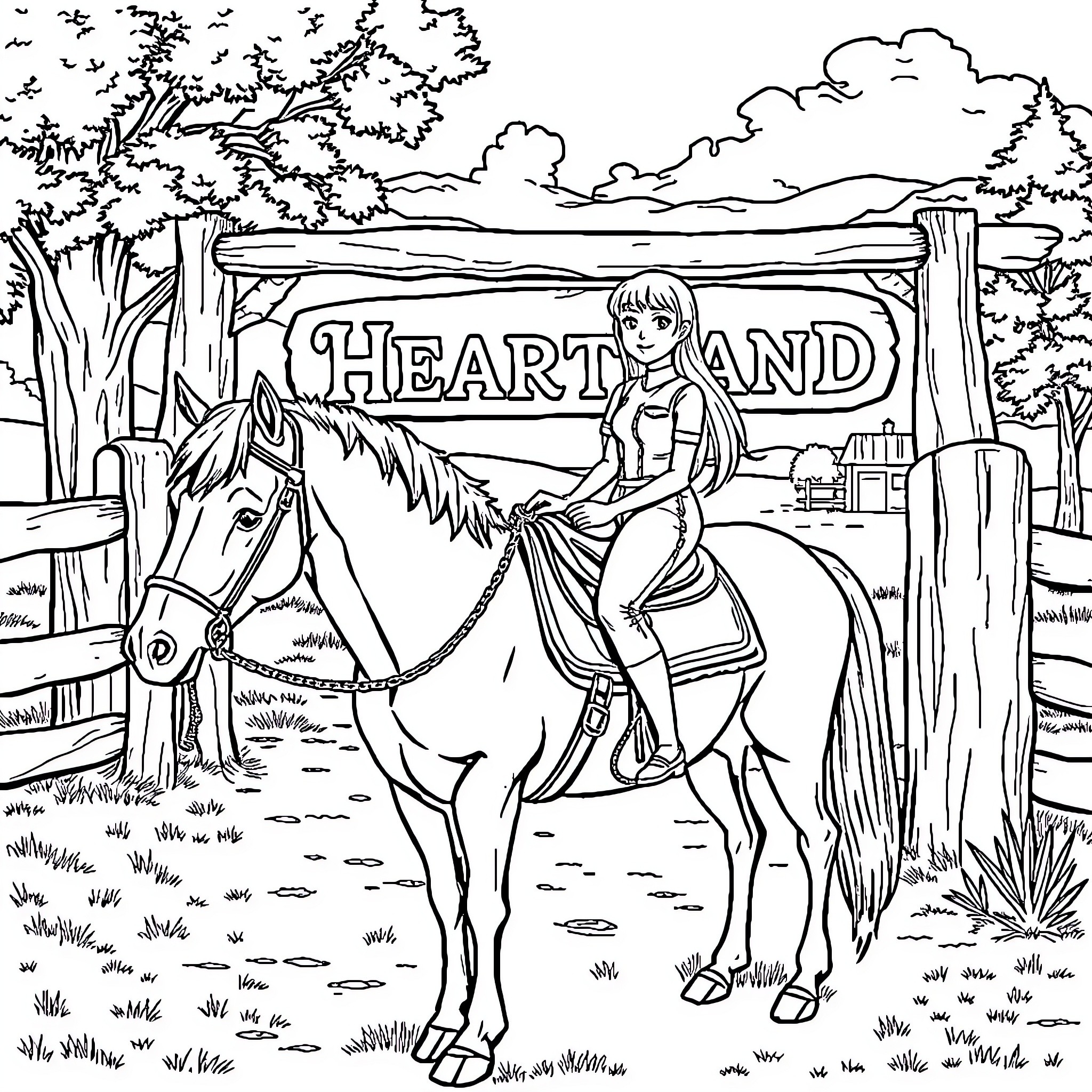 Horse and Rider in Heartland Countryside Coloring Page (free black-and-white line drawing printable PDF for all, from beginners to advanced learners, including children, teens, adults, and seniors)