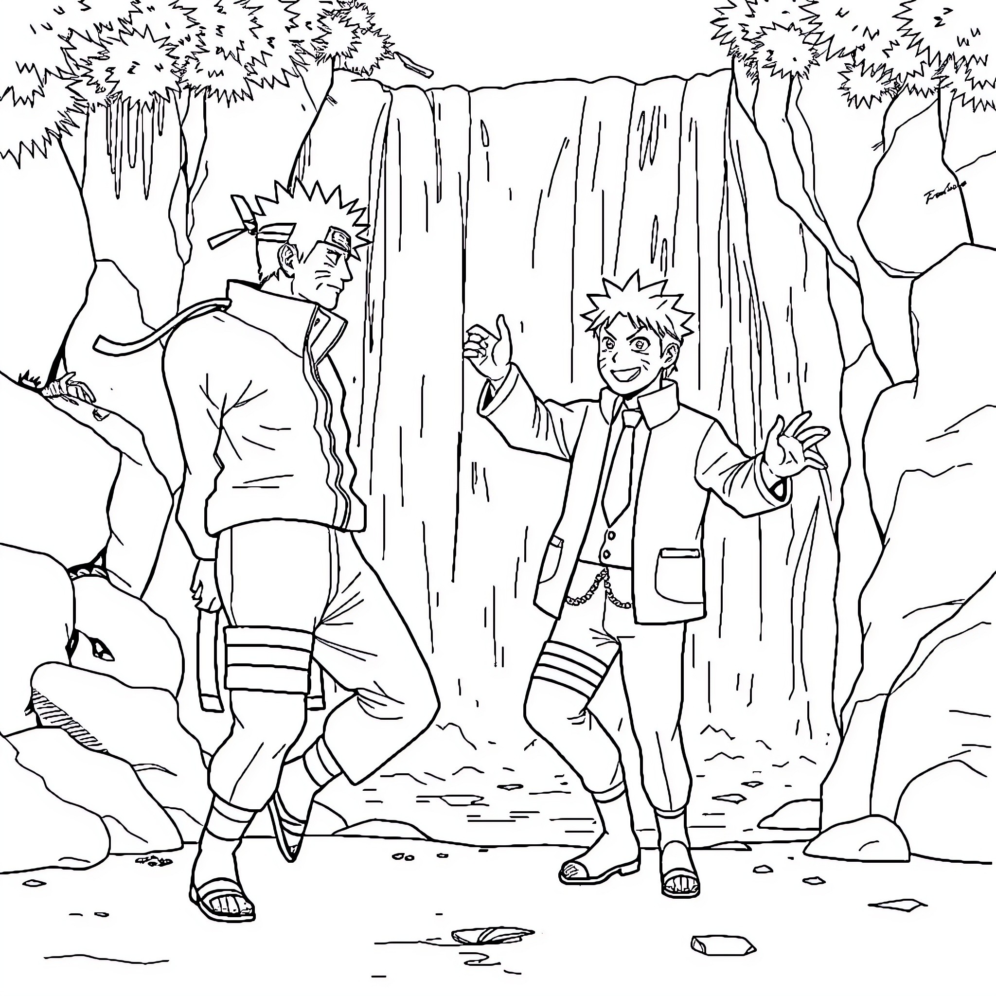 Naruto characters in an outdoor adventure Coloring Page (free black-and-white line drawing printable PDF for all, from beginners to advanced learners, including children, teens, adults, and seniors)