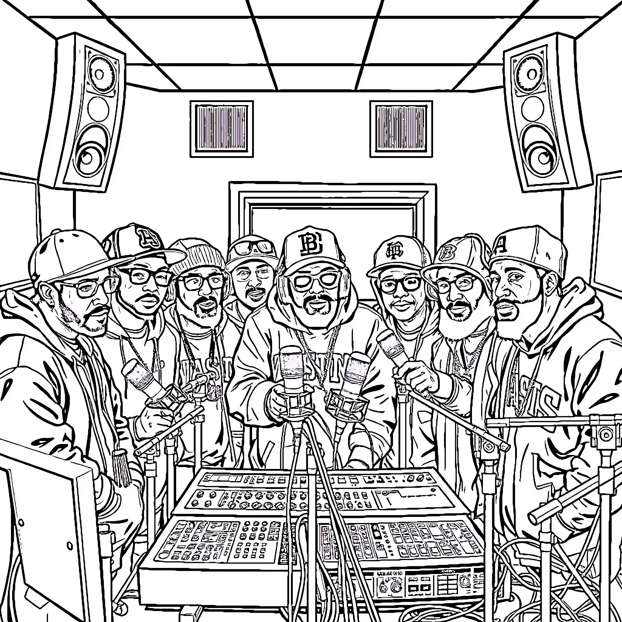 West Coast Rappers Collaborating in Studio Coloring Page (free black-and-white line drawing printable PDF for all, from beginners to advanced learners, including children, teens, adults, and seniors)