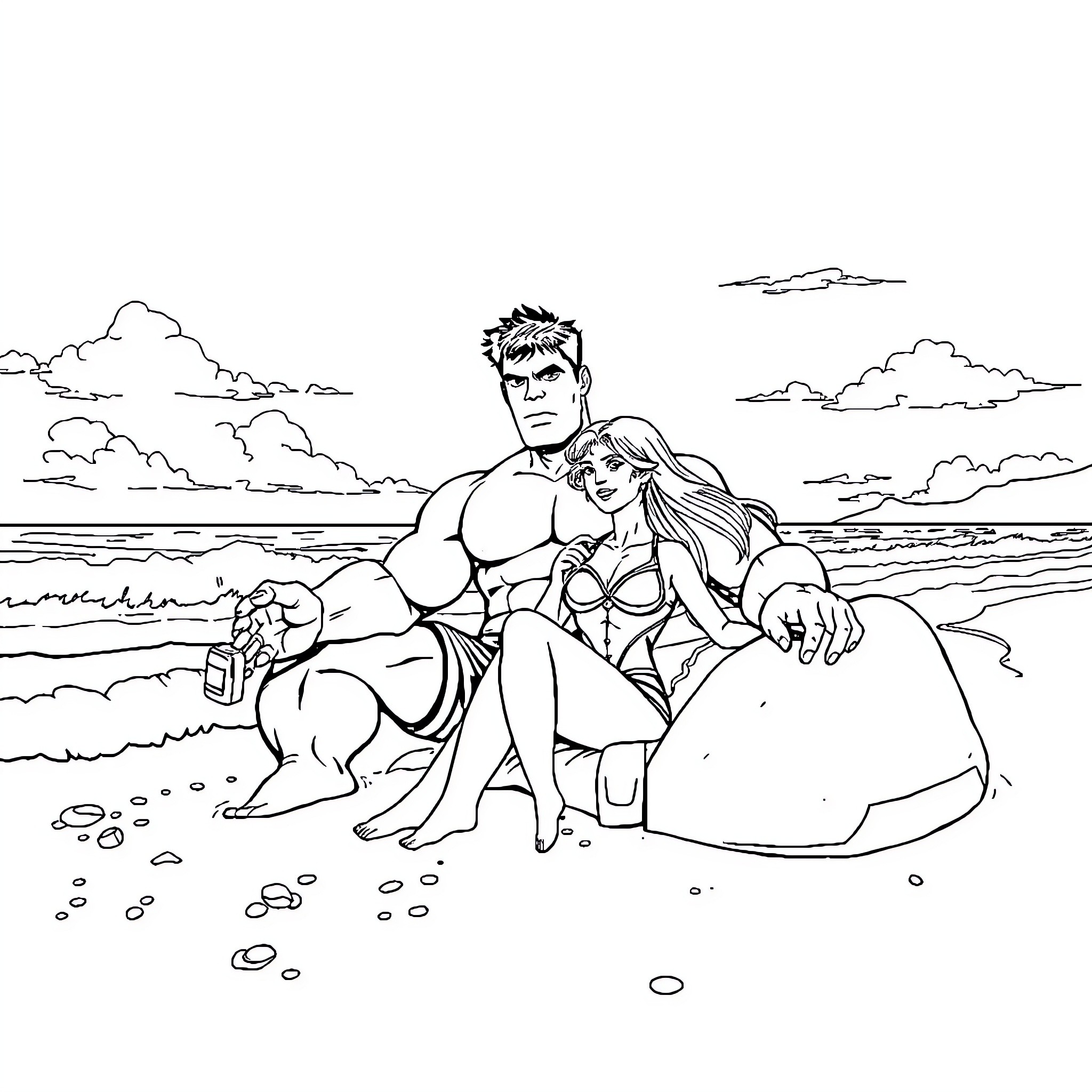 Hulk and companion relax on the beach Coloring Page (free black-and-white line drawing printable PDF for all, from beginners to advanced learners, including children, teens, adults, and seniors)