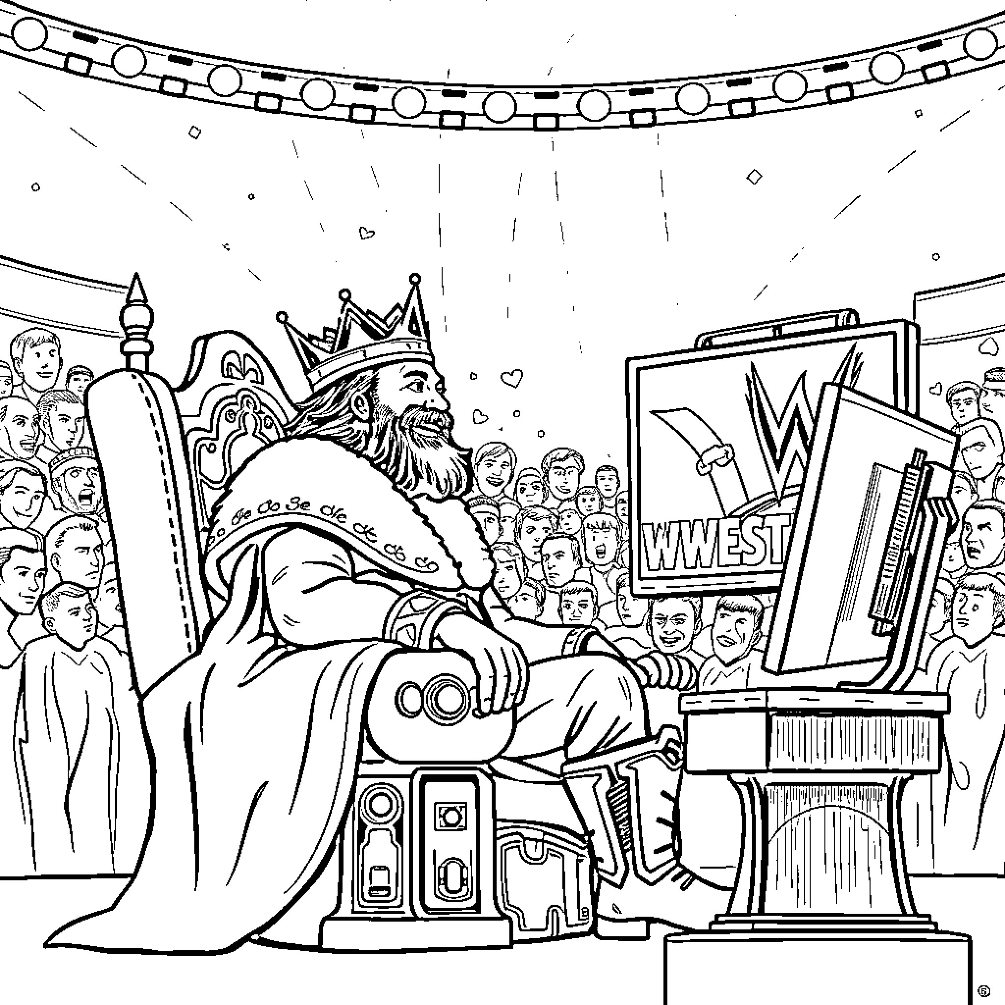 King Presides Over WWE Championship Match Coloring Page (free black-and-white line drawing printable PDF for all, from beginners to advanced learners, including children, teens, adults, and seniors)
