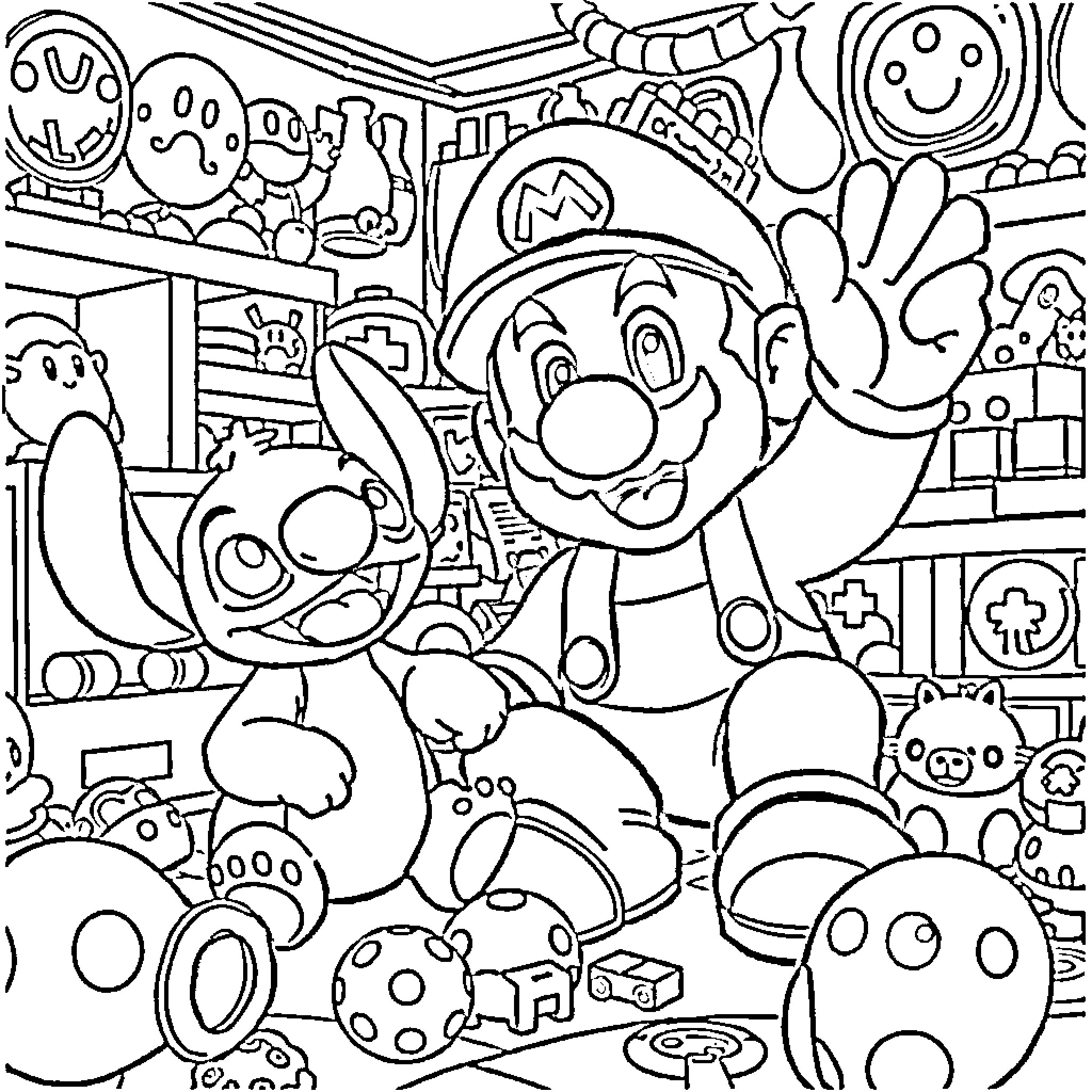 Super Mario and Friends in Playful Adventure Coloring Page (free black-and-white line drawing printable PDF for all, from beginners to advanced learners, including children, teens, adults, and seniors)