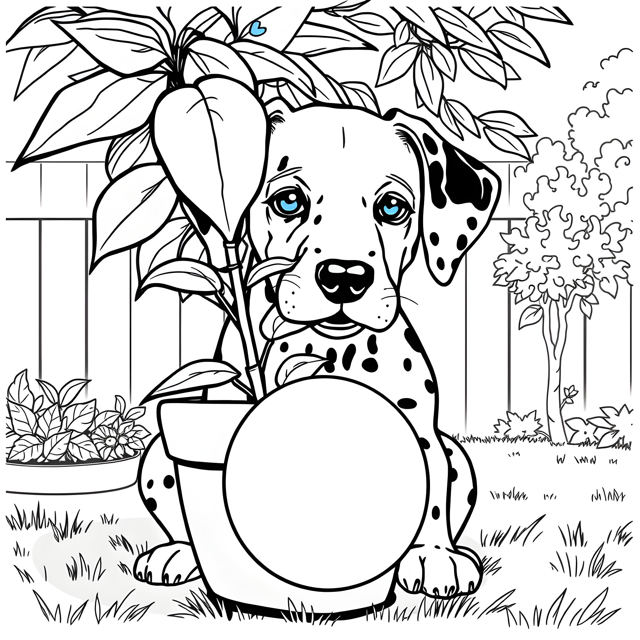 Dalmatian puppy exploring the garden Coloring Page (free black-and-white line drawing printable PDF for all, from beginners to advanced learners, including children, teens, adults, and seniors)