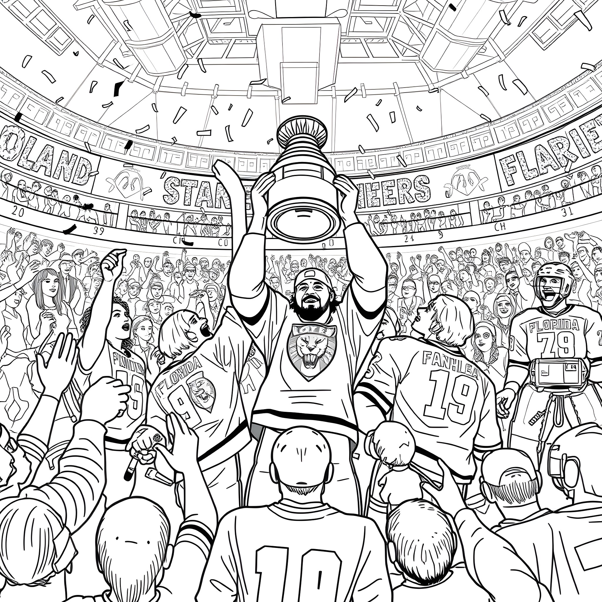 Panther stadium fans cheering and celebrating Coloring Page (free black-and-white line drawing printable PDF for all, from beginners to advanced learners, including children, teens, adults, and seniors)