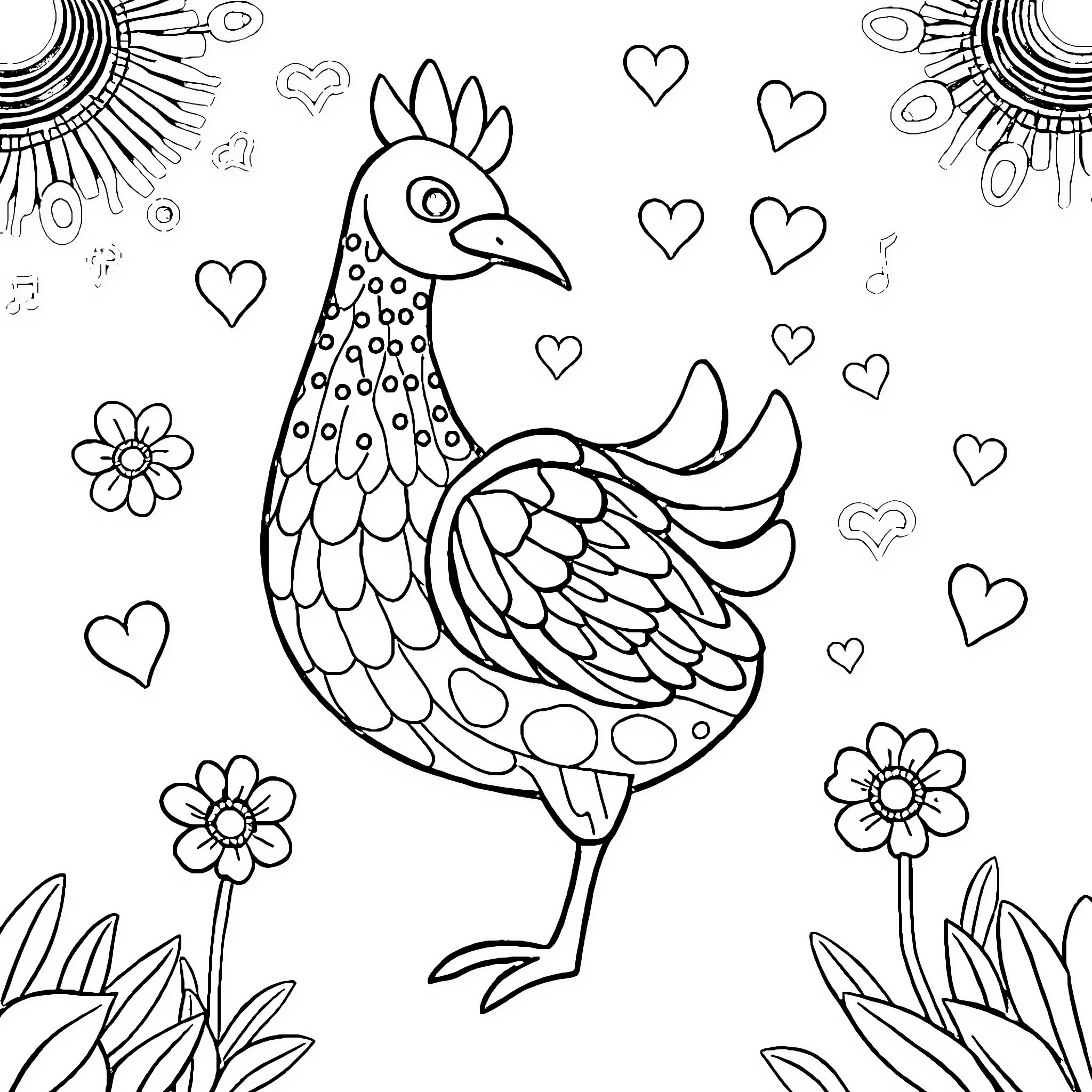 Plim Plim Cheerful Rooster amid Floral Delight Coloring Page (free black-and-white line drawing printable PDF for all, from beginners to advanced learners, including children, teens, adults, and seniors)