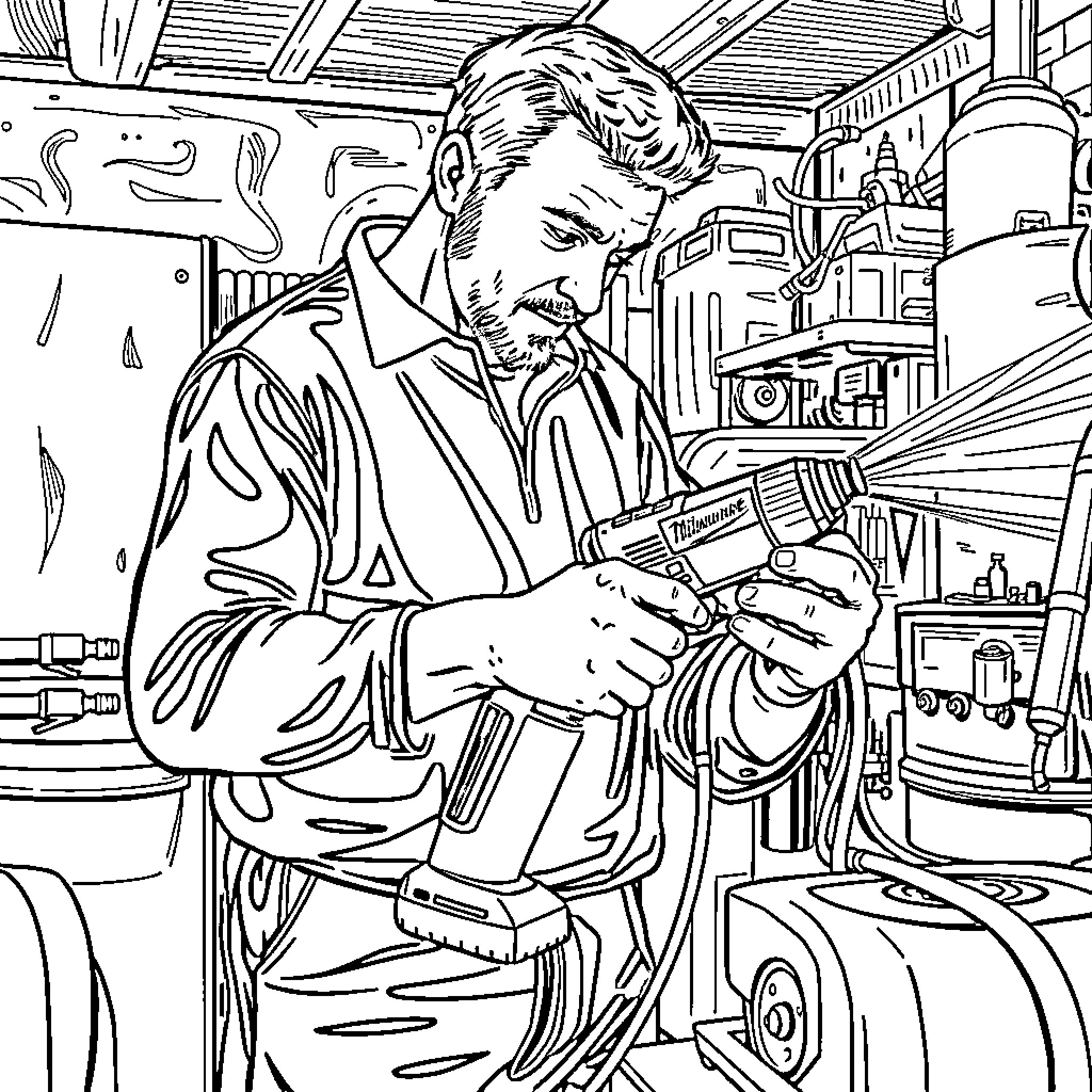 Man using power tools in his workshop Coloring Page (free black-and-white line drawing printable PDF for all, from beginners to advanced learners, including children, teens, adults, and seniors)