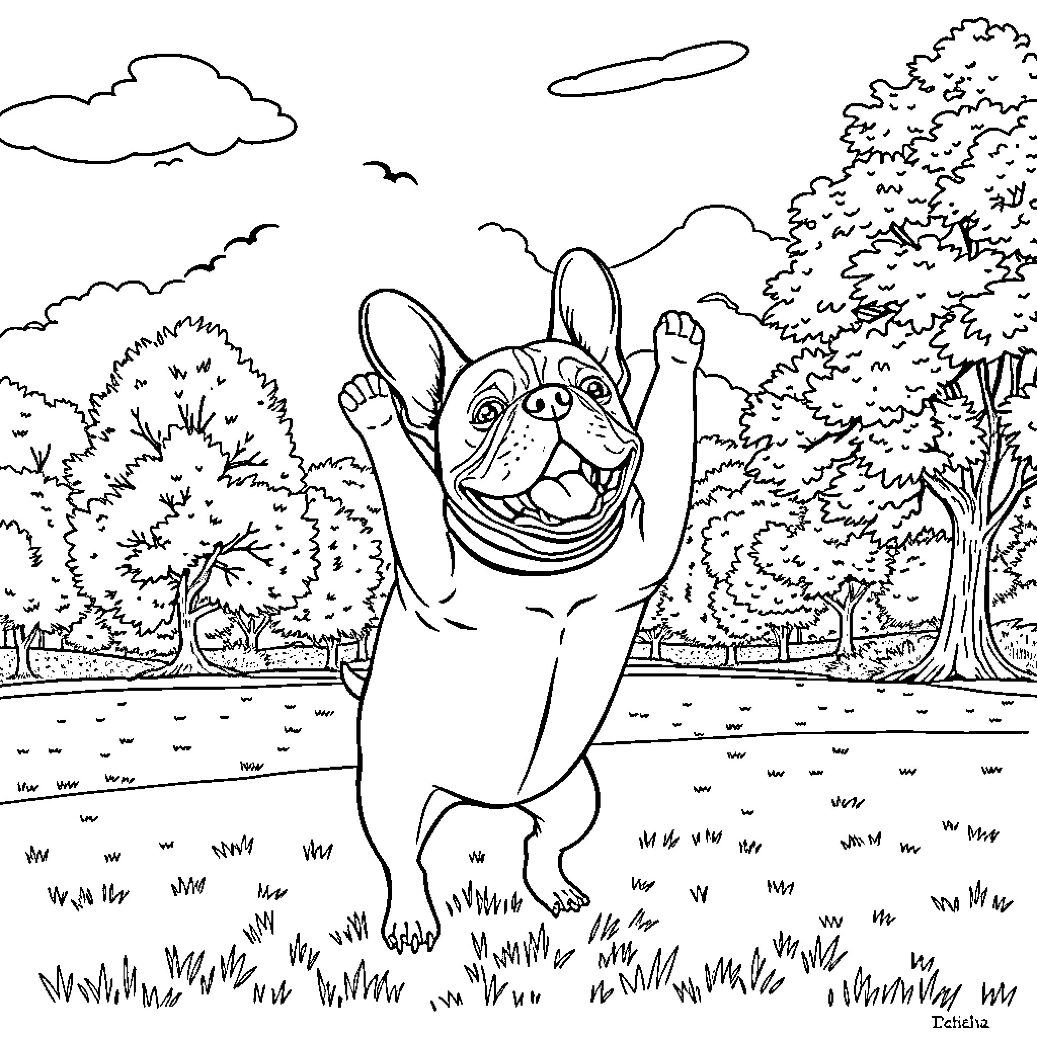 French Bulldog joyfully exploring outdoors Coloring Page (free black-and-white line drawing printable PDF for all, from beginners to advanced learners, including children, teens, adults, and seniors)