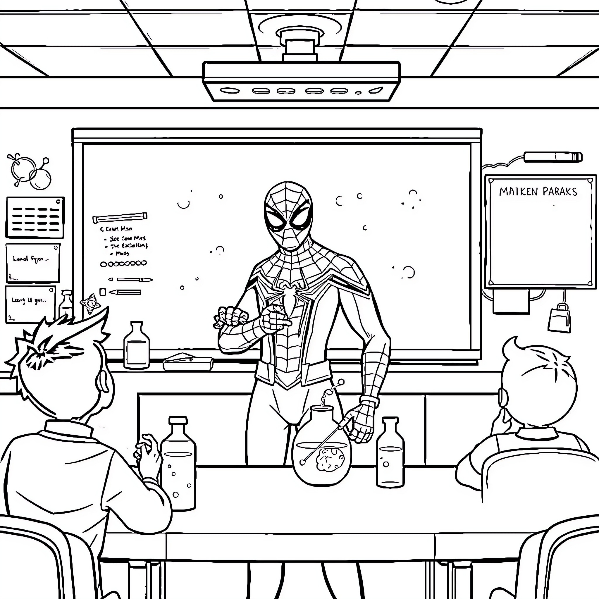 Peter Parker teaching students in the classroom Coloring Page (free black-and-white line drawing printable PDF for all, from beginners to advanced learners, including children, teens, adults, and seniors)