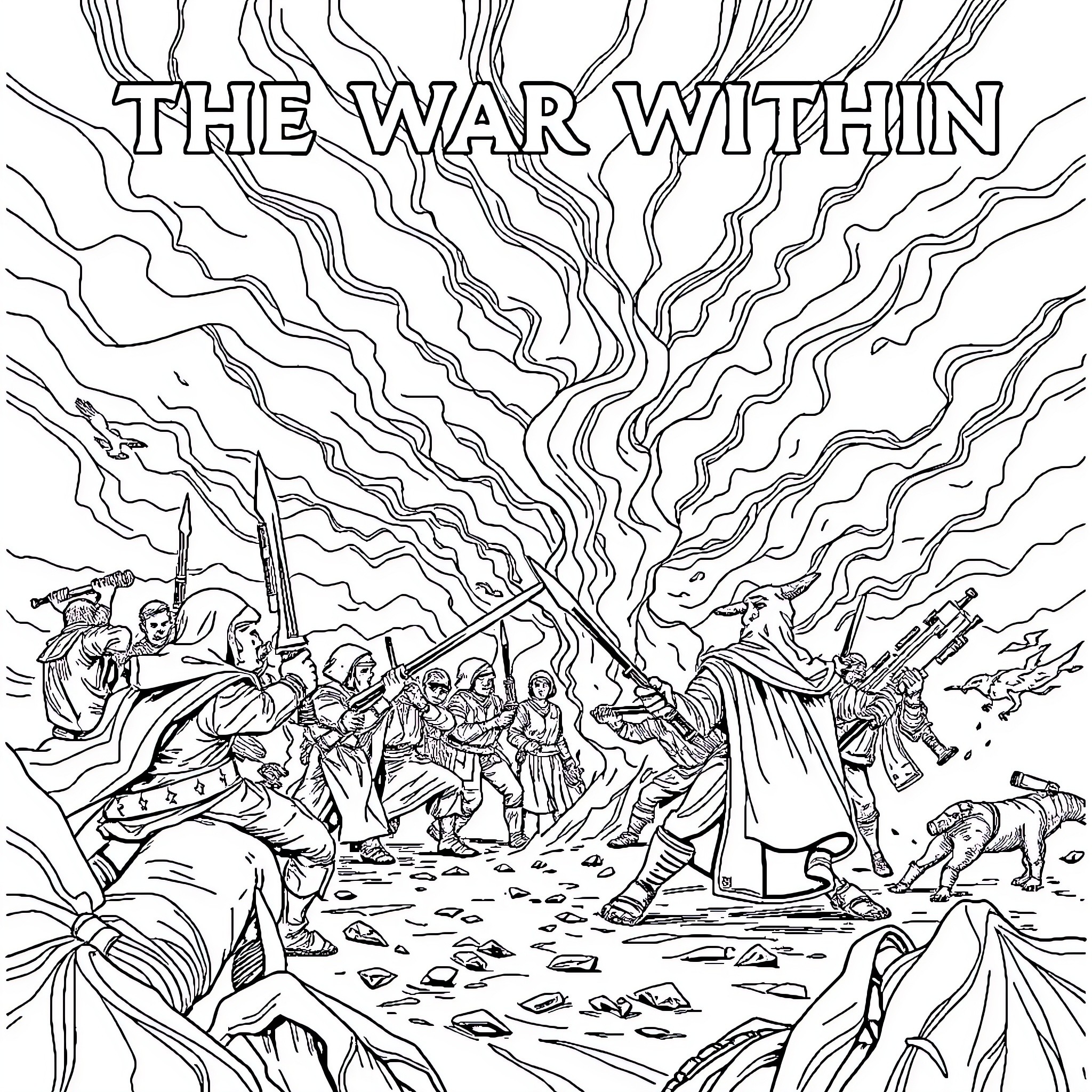 War of inner conflict and turmoil Coloring Page (free black-and-white line drawing printable PDF for all, from beginners to advanced learners, including children, teens, adults, and seniors)