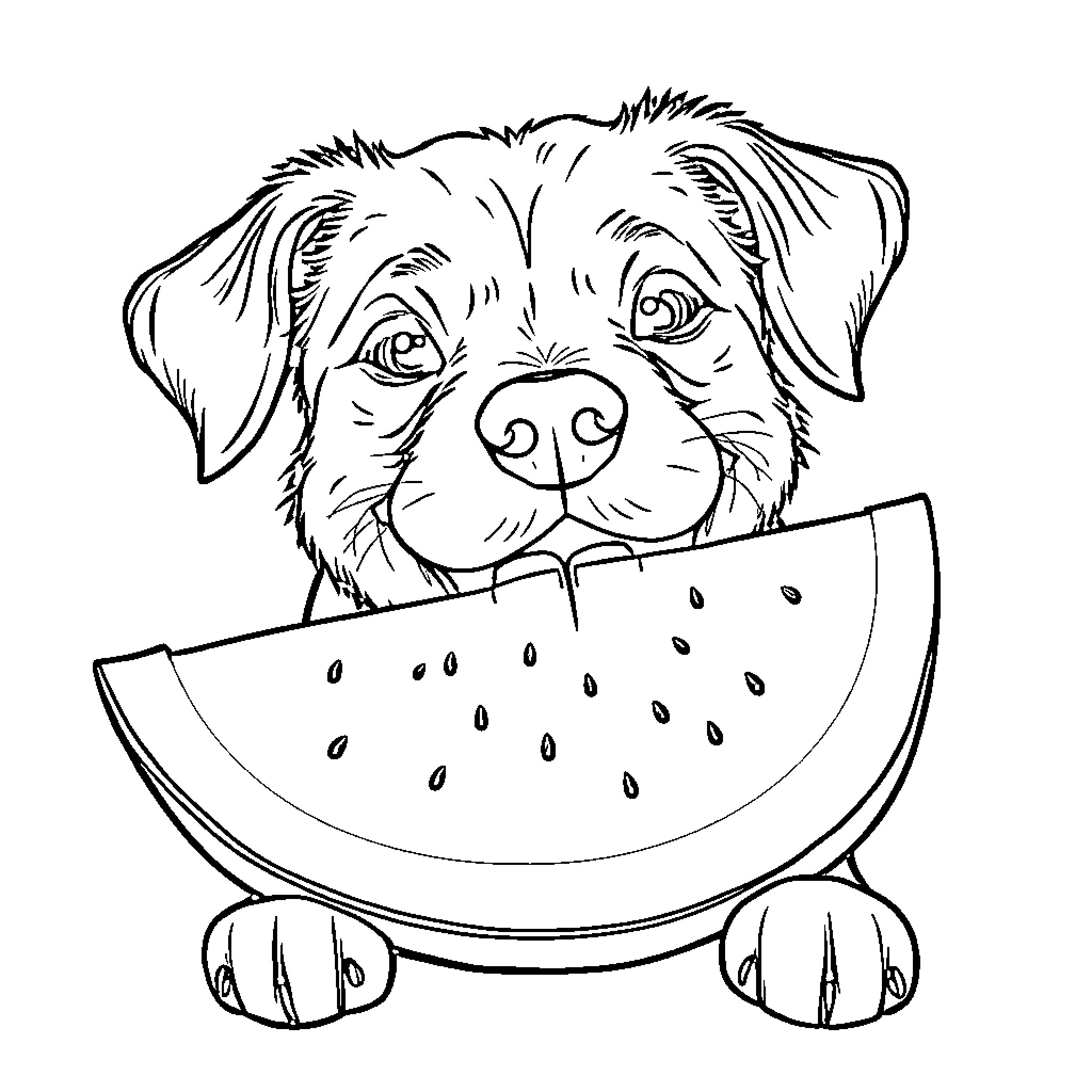 Dog enjoying a refreshing watermelon on a hot day Coloring Page (free black-and-white line drawing printable PDF for all, from beginners to advanced learners, including children, teens, adults, and seniors)