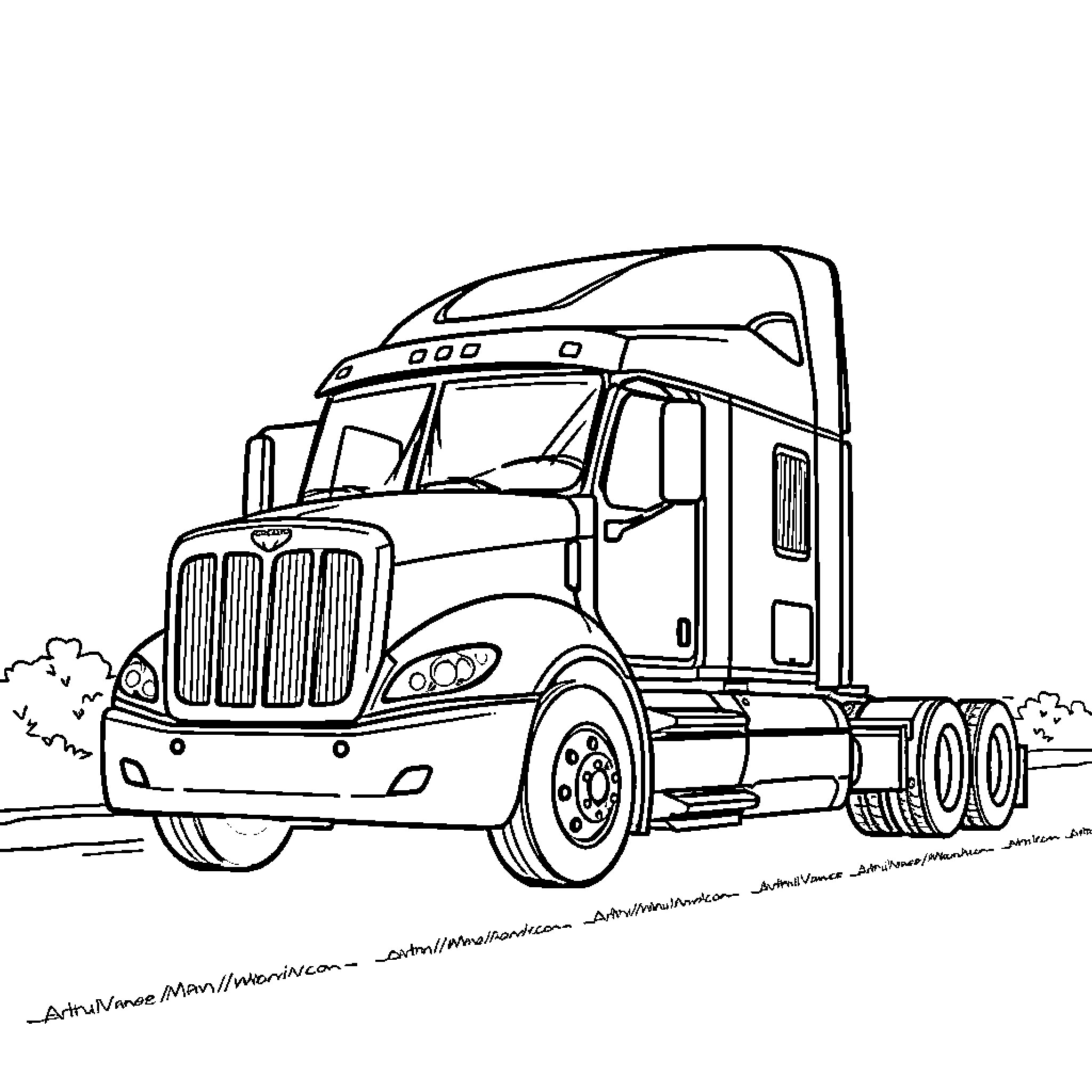 Truck driving along the road Coloring Page (free black-and-white line drawing printable PDF for all, from beginners to advanced learners, including children, teens, adults, and seniors)