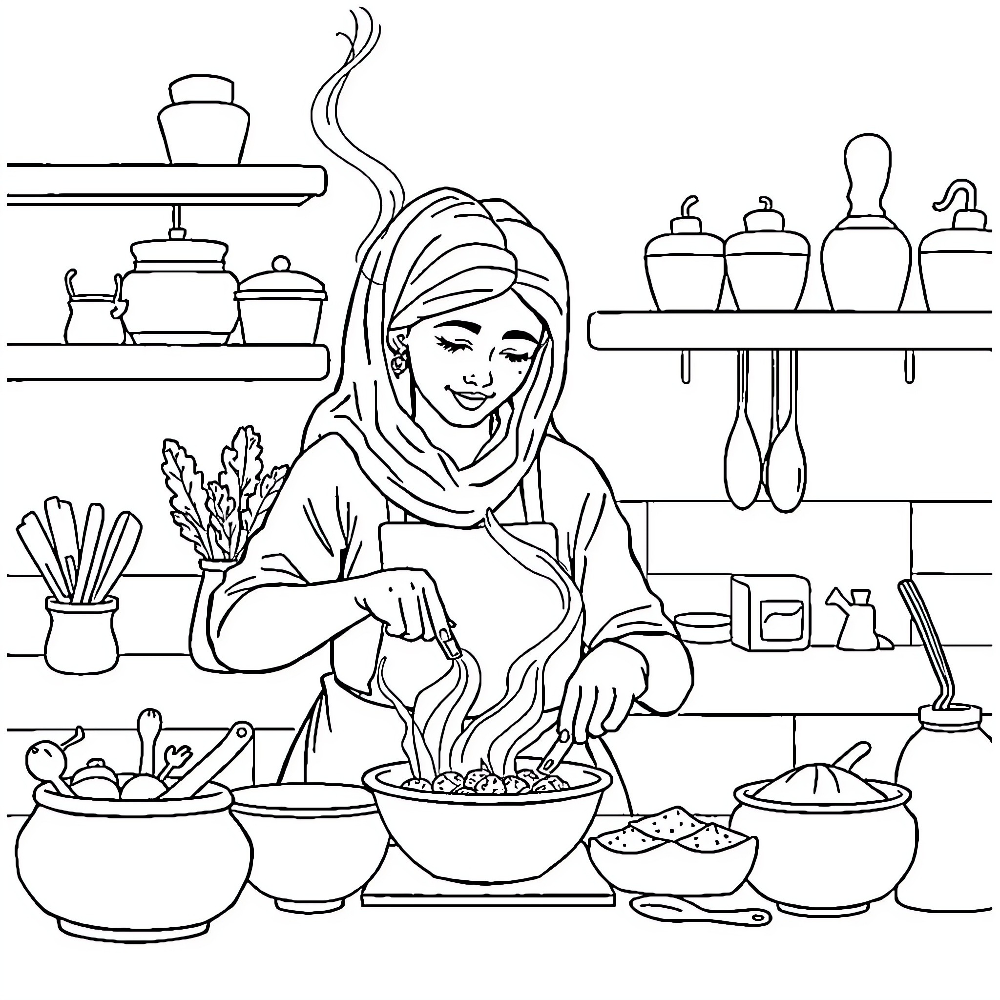 Mum preparing a delicious meal in the kitchen Coloring Page (free black-and-white line drawing printable PDF for all, from beginners to advanced learners, including children, teens, adults, and seniors)