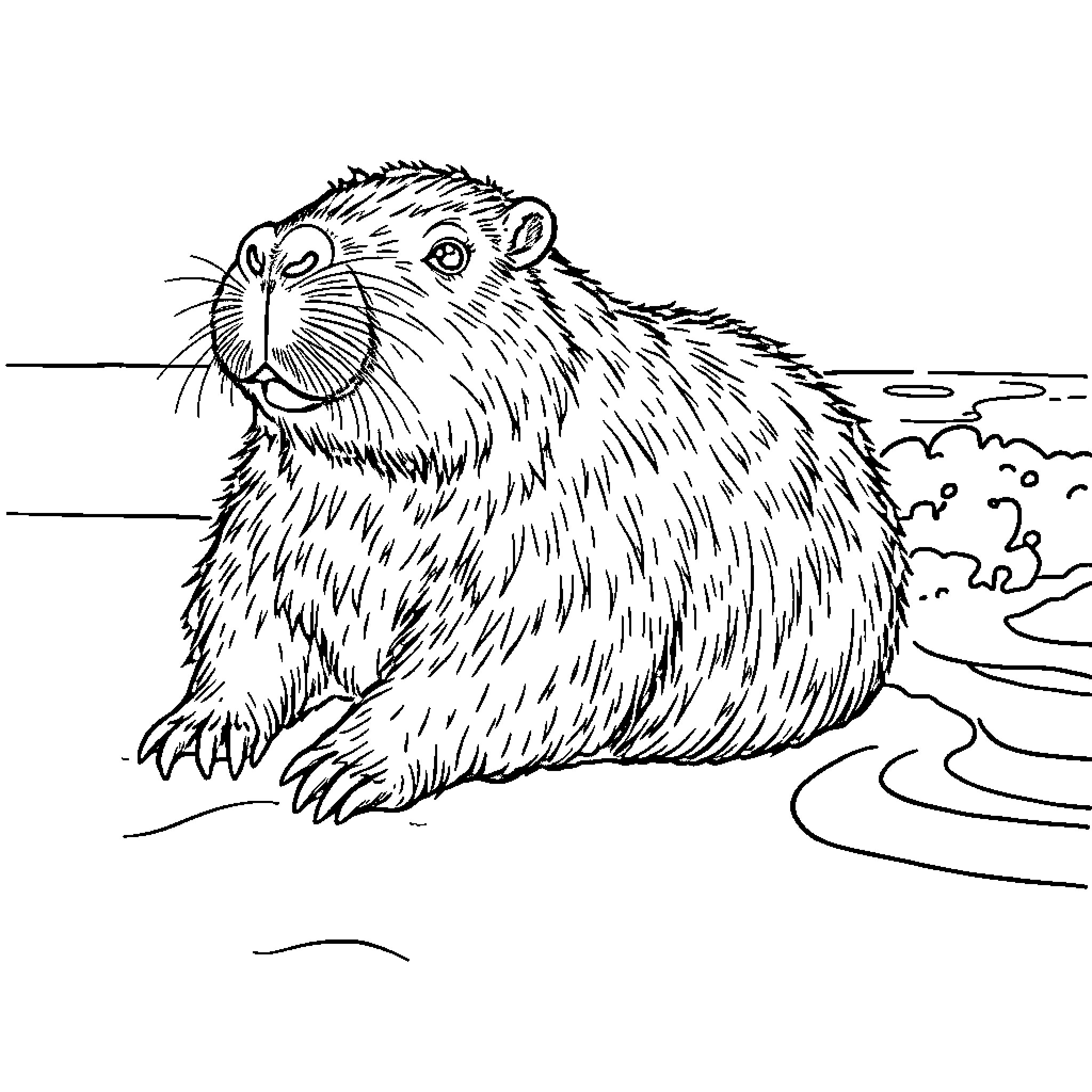 Capybara relaxing by the water Coloring Page (free black-and-white line drawing printable PDF for all, from beginners to advanced learners, including children, teens, adults, and seniors)