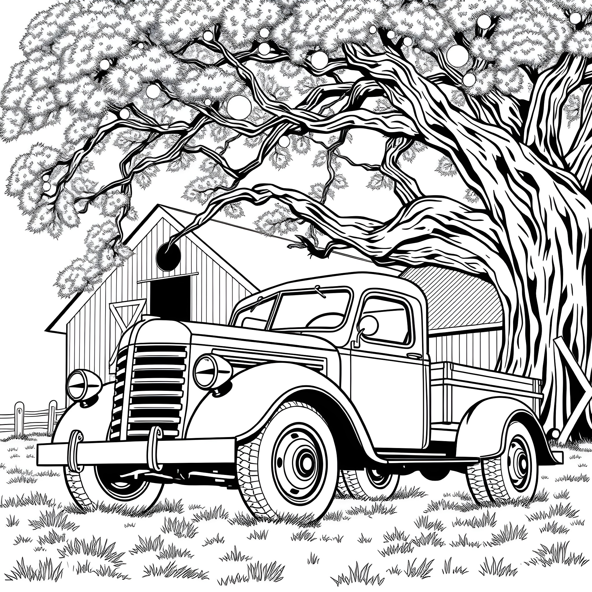 Truck parked under the blossoming tree in the countryside Coloring Page (free black-and-white line drawing printable PDF for all, from beginners to advanced learners, including children, teens, adults, and seniors)