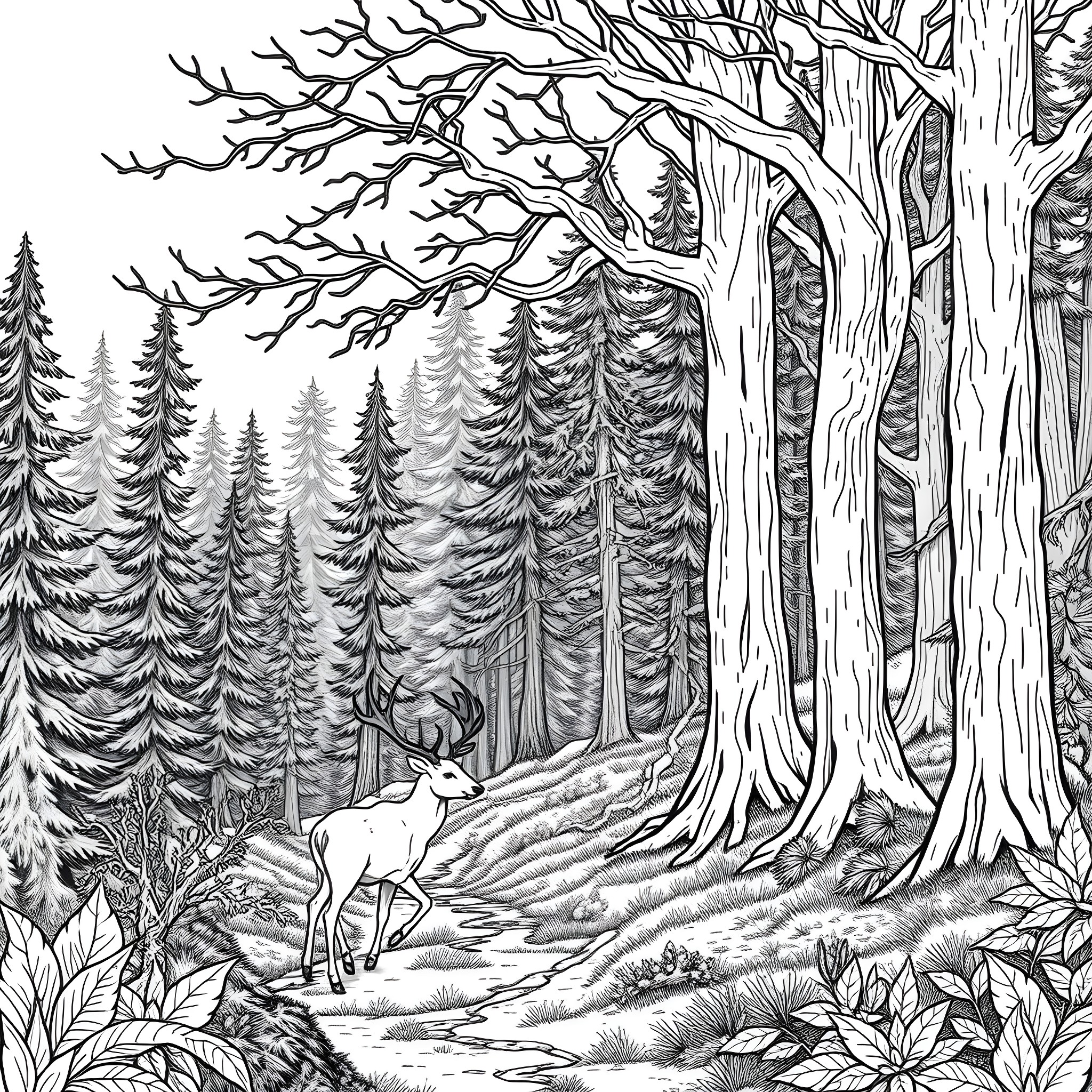 Deer in the serene forest Coloring Page (free black-and-white line drawing printable PDF for all, from beginners to advanced learners, including children, teens, adults, and seniors)
