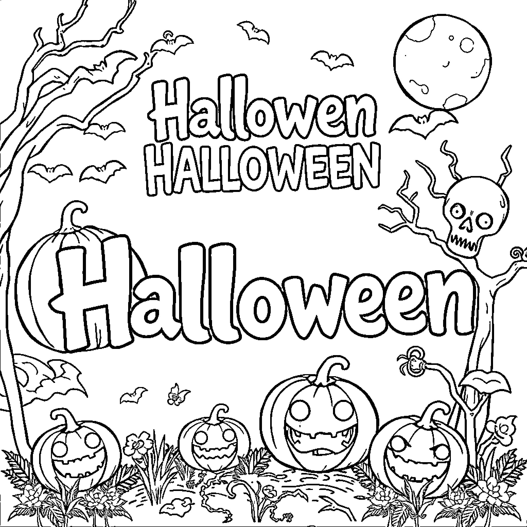 Halloween themed scene with pumpkins, bats, and other spooky elements Coloring Page (free black-and-white line drawing printable PDF for all, from beginners to advanced learners, including children, teens, adults, and seniors)