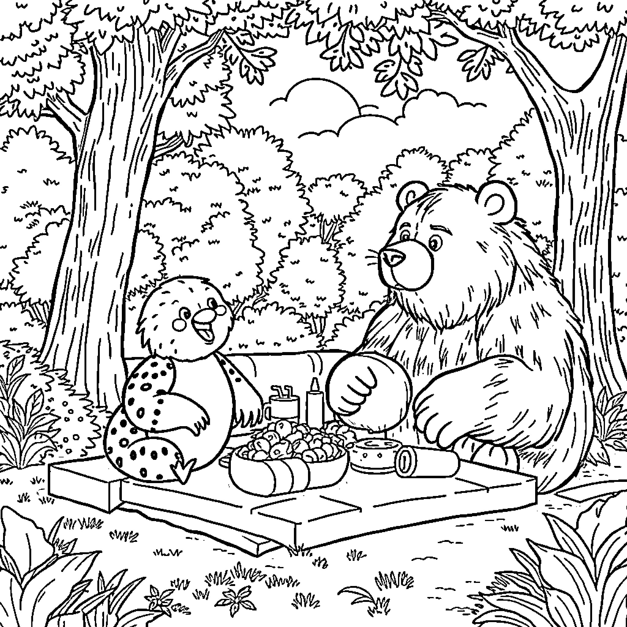 Coelho's Picnic in the Enchanted Forest Coloring Page (free black-and-white line drawing printable PDF for all, from beginners to advanced learners, including children, teens, adults, and seniors)