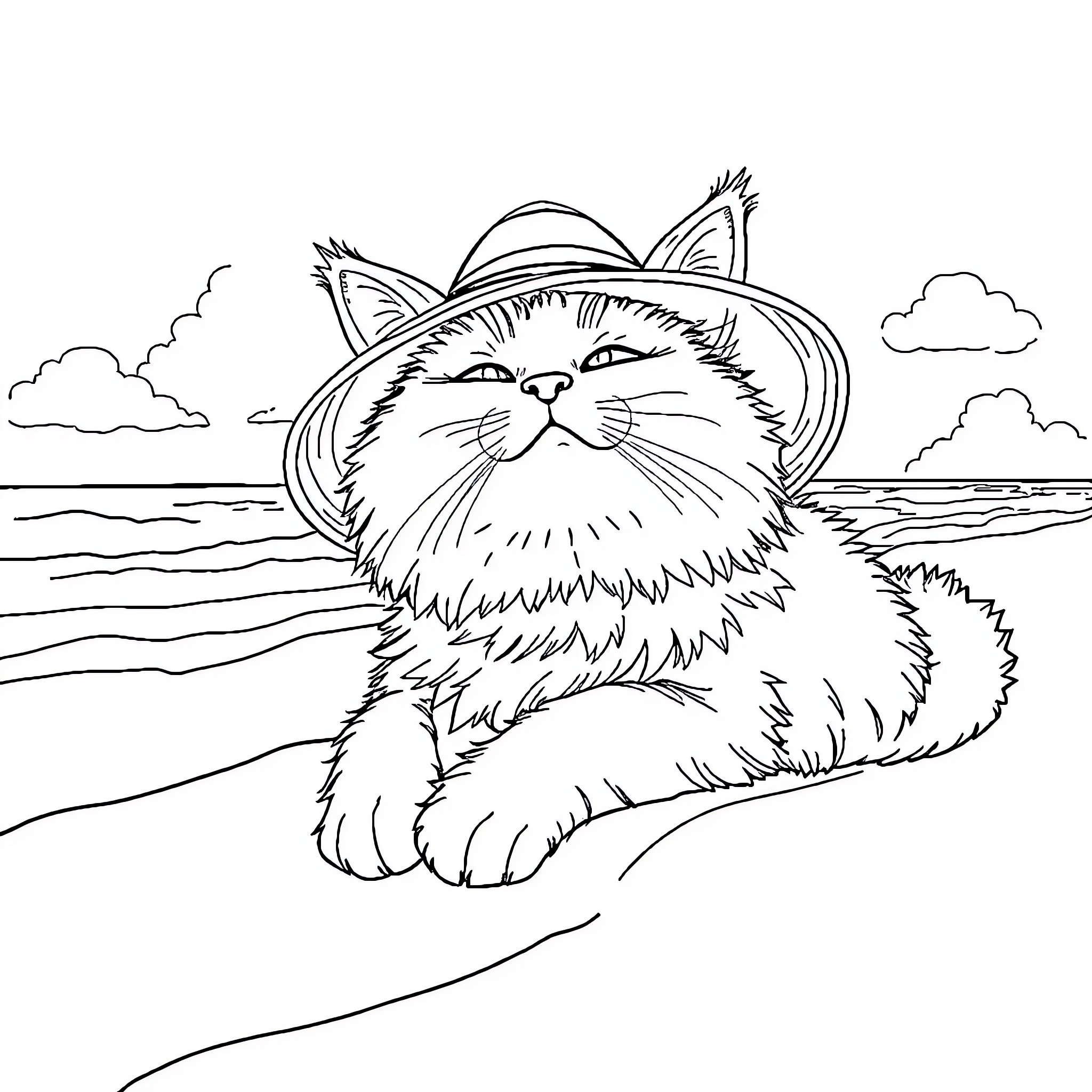 Cat relaxing on the beach with a sun hat Coloring Page (free black-and-white line drawing printable PDF for all, from beginners to advanced learners, including children, teens, adults, and seniors)