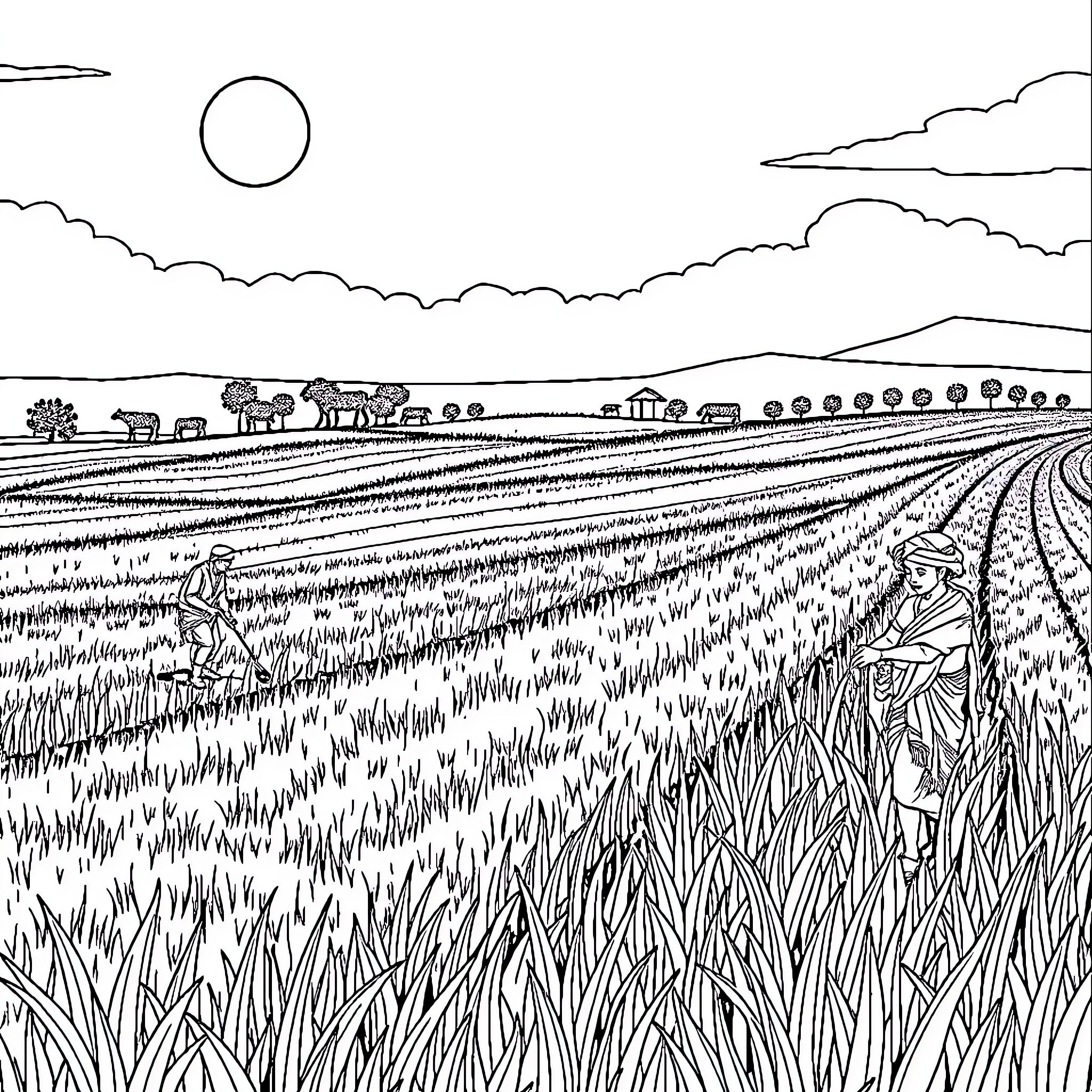 Farmer working in the fields under the sun Coloring Page (free black-and-white line drawing printable PDF for all, from beginners to advanced learners, including children, teens, adults, and seniors)