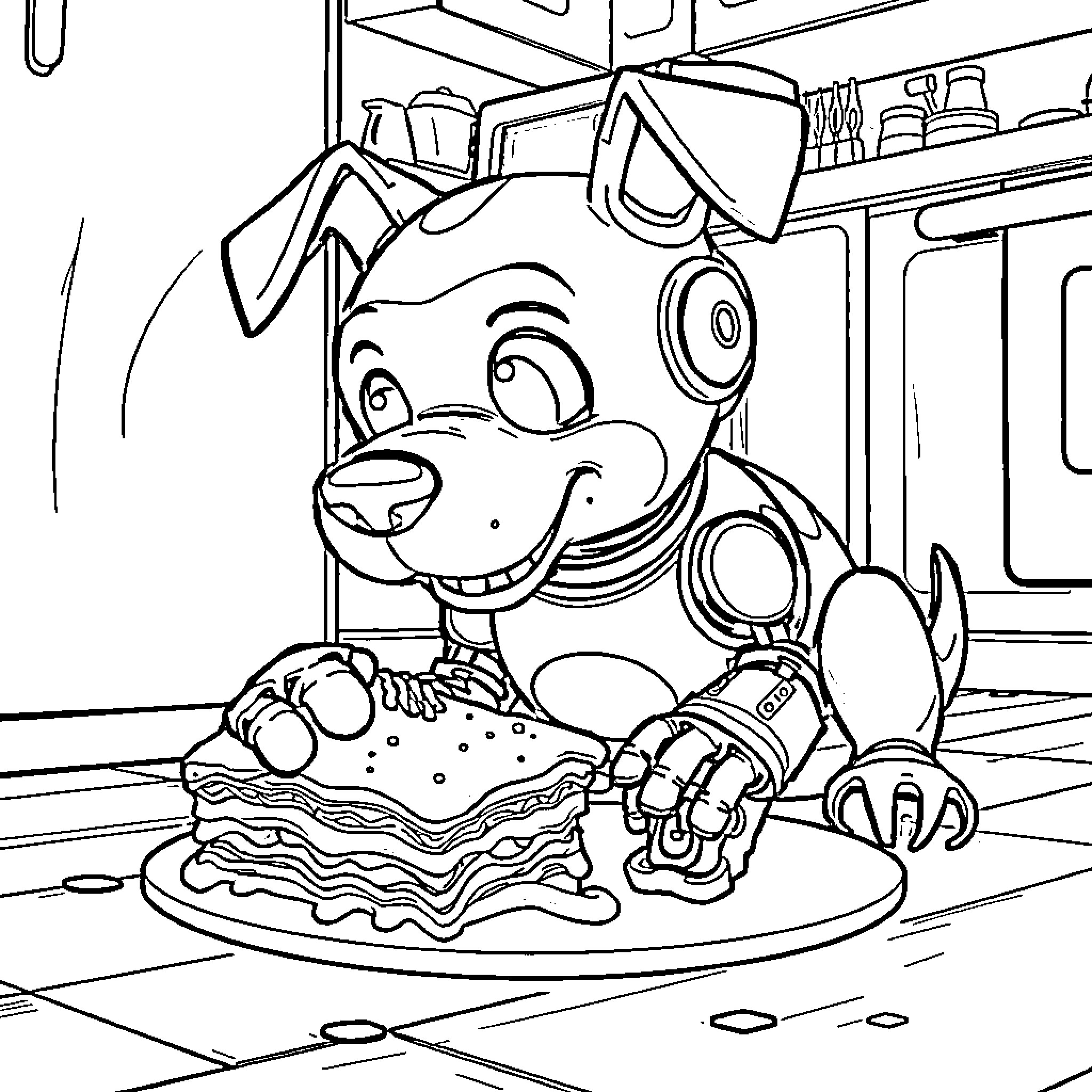 Robot Dog Enjoys a Tasty Meal Coloring Page (free black-and-white line drawing printable PDF for all, from beginners to advanced learners, including children, teens, adults, and seniors)