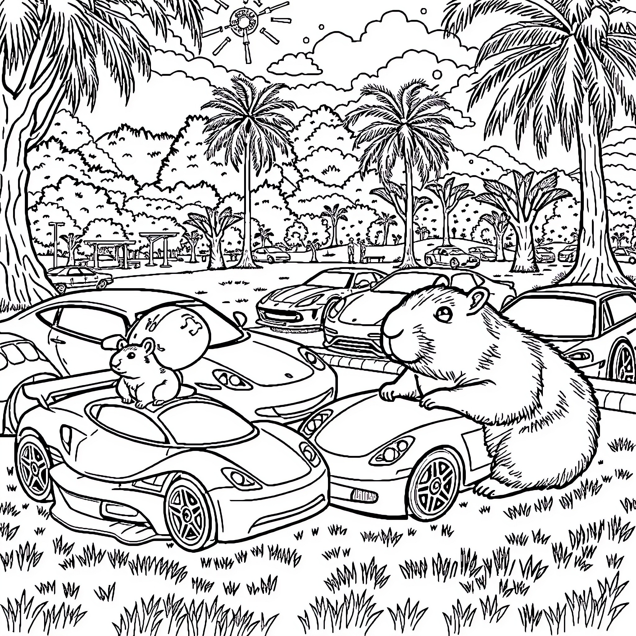 Hotwheels Hamsters Dashing Through Tropical Scenery Coloring Page (free black-and-white line drawing printable PDF for all, from beginners to advanced learners, including children, teens, adults, and seniors)