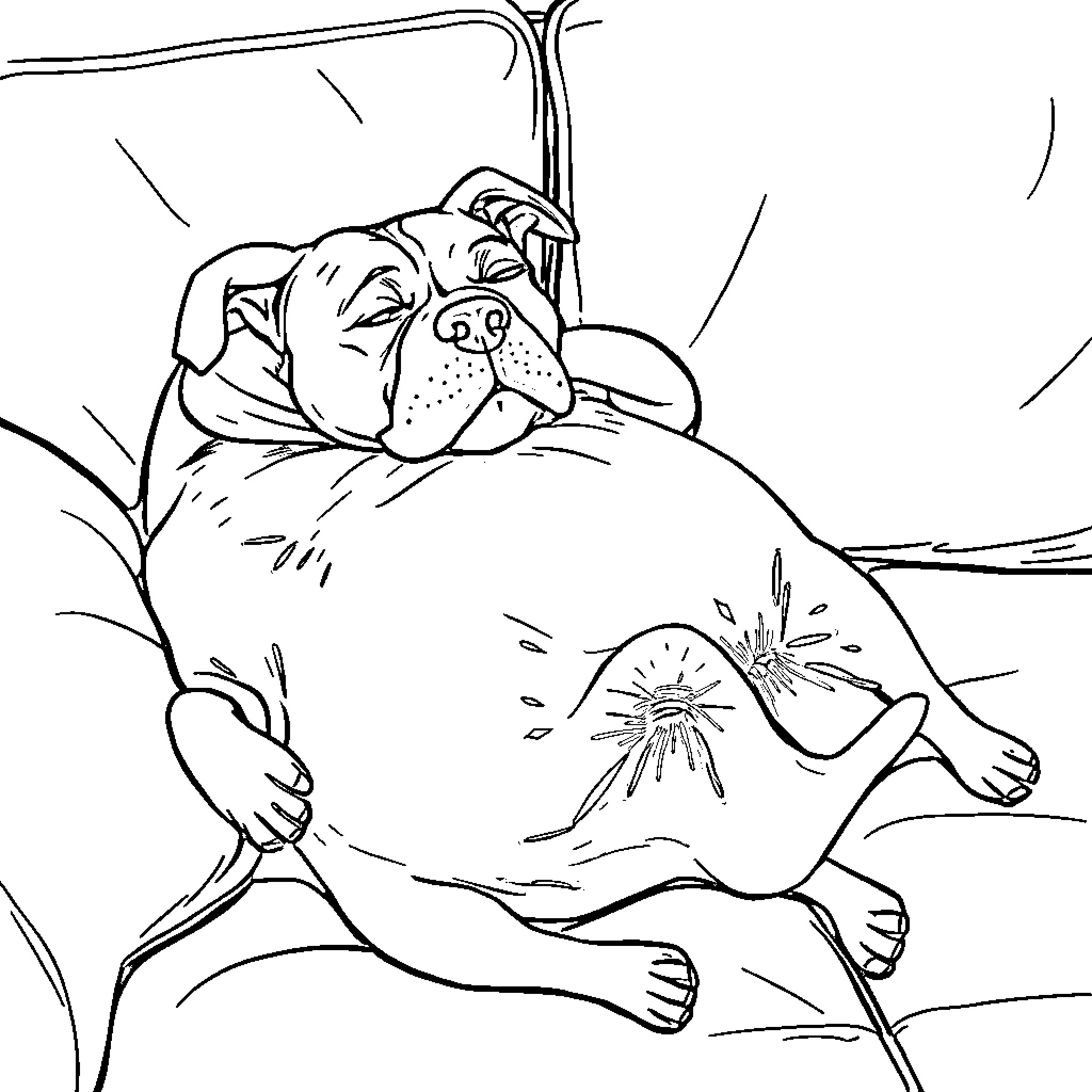 Pittbull relaxing playfully on couch Coloring Page (free black-and-white line drawing printable PDF for all, from beginners to advanced learners, including children, teens, adults, and seniors)