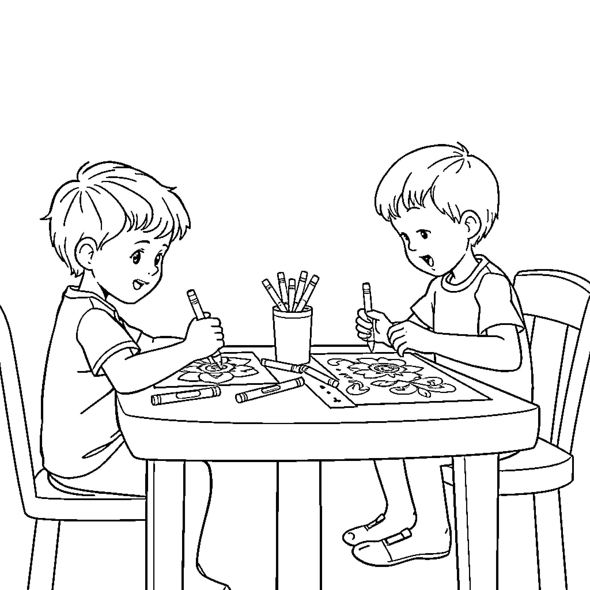 Kids engaging in arts and crafts activities Coloring Page (free black-and-white line drawing printable PDF for all, from beginners to advanced learners, including children, teens, adults, and seniors)