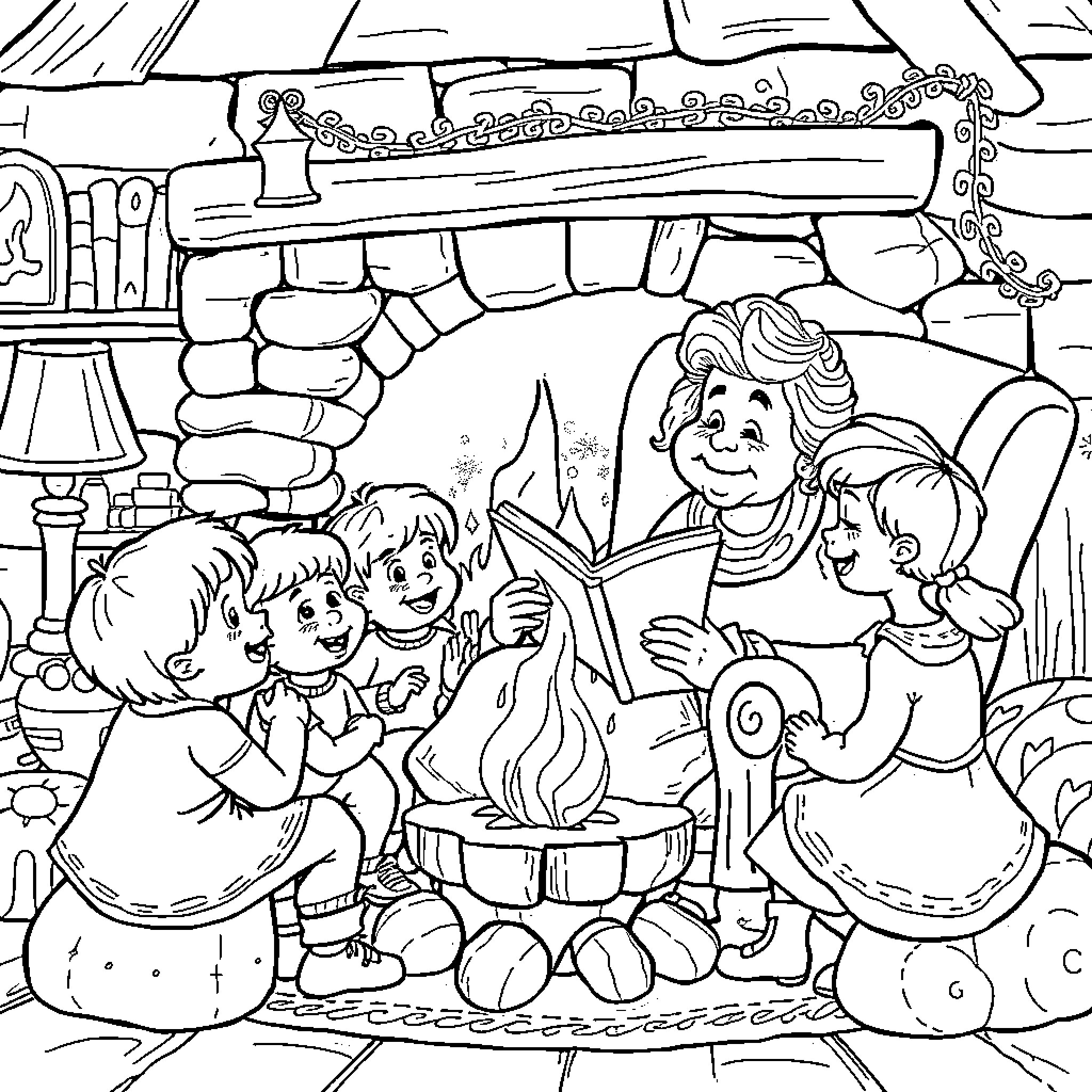 Granny Telling Bedtime Stories to Grandchildren Coloring Page (free black-and-white line drawing printable PDF for all, from beginners to advanced learners, including children, teens, adults, and seniors)