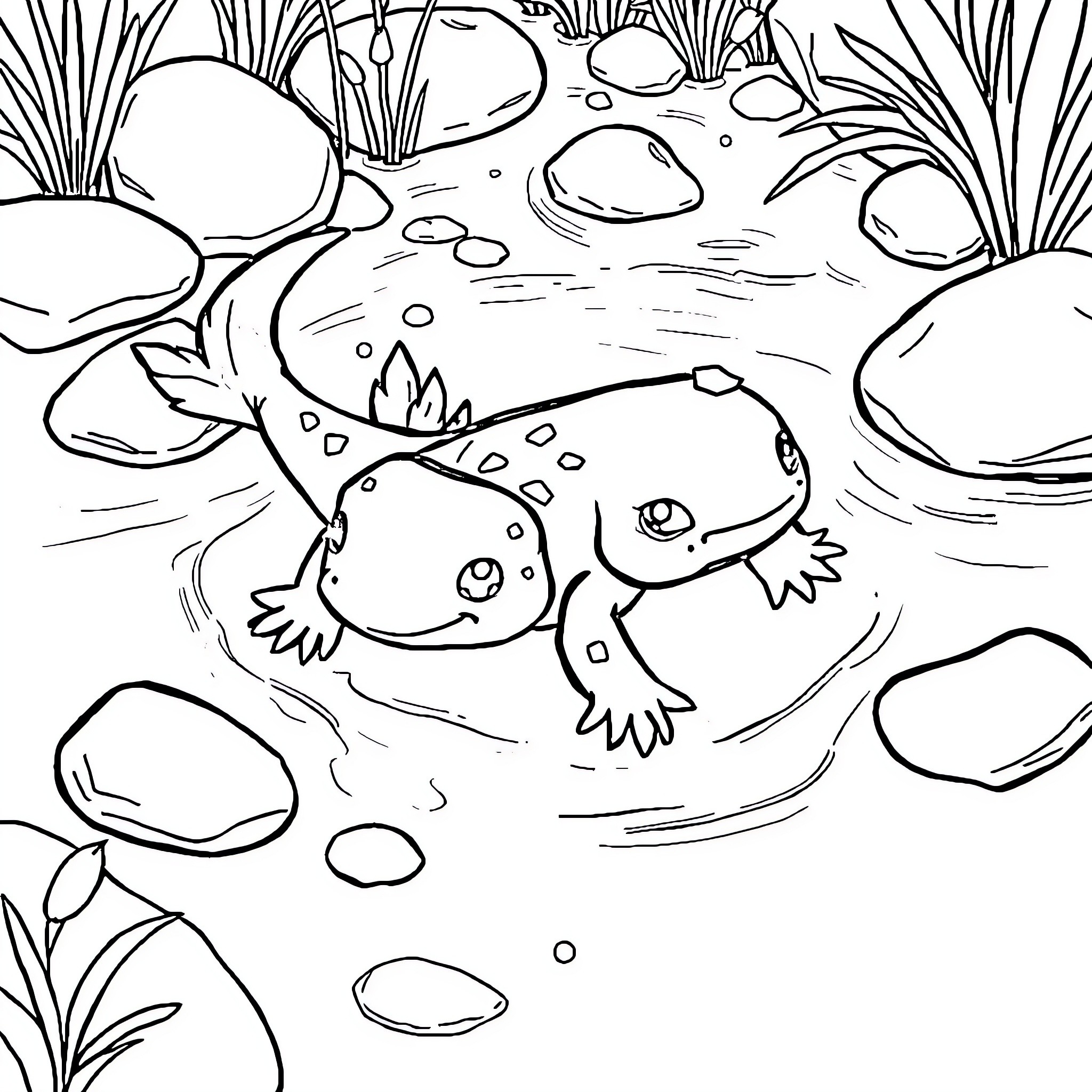 Axolotl swimming in a pond Coloring Page (free black-and-white line drawing printable PDF for all, from beginners to advanced learners, including children, teens, adults, and seniors)