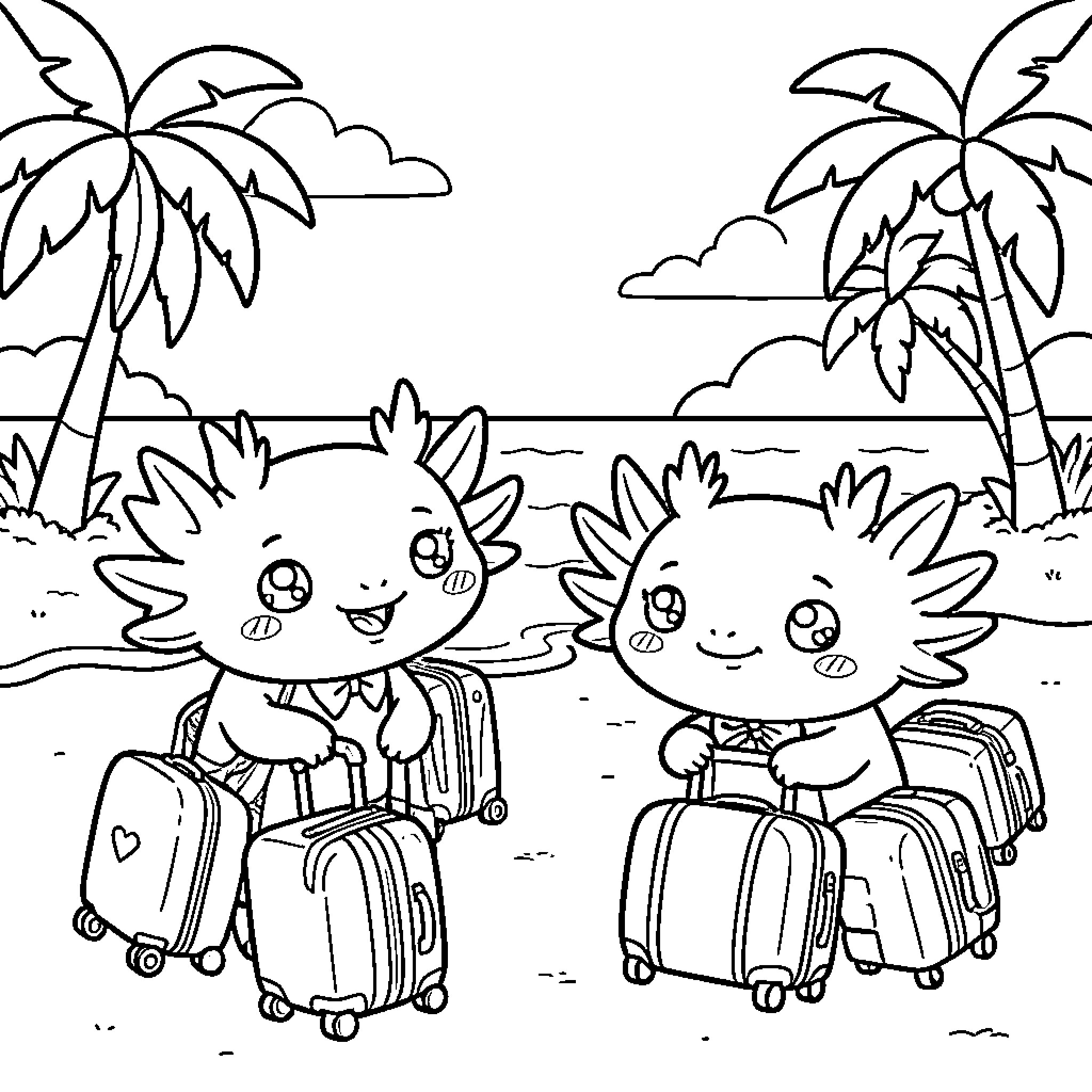 Axolotl friends going on a tropical vacation Coloring Page (free black-and-white line drawing printable PDF for all, from beginners to advanced learners, including children, teens, adults, and seniors)