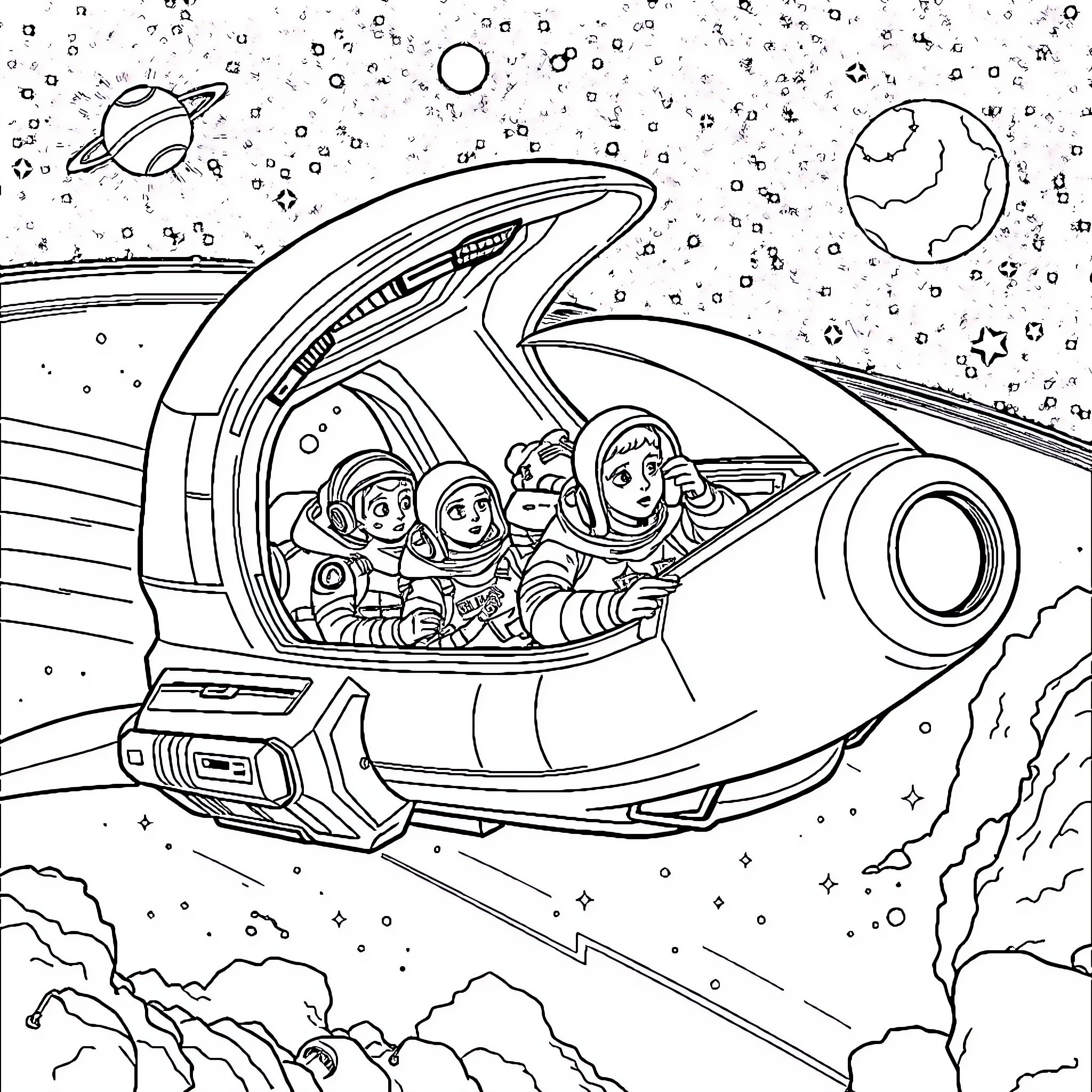 Star Trek Crew Exploring the Cosmos in Futuristic Spacecraft Coloring Page (free black-and-white line drawing printable PDF for all, from beginners to advanced learners, including children, teens, adults, and seniors)