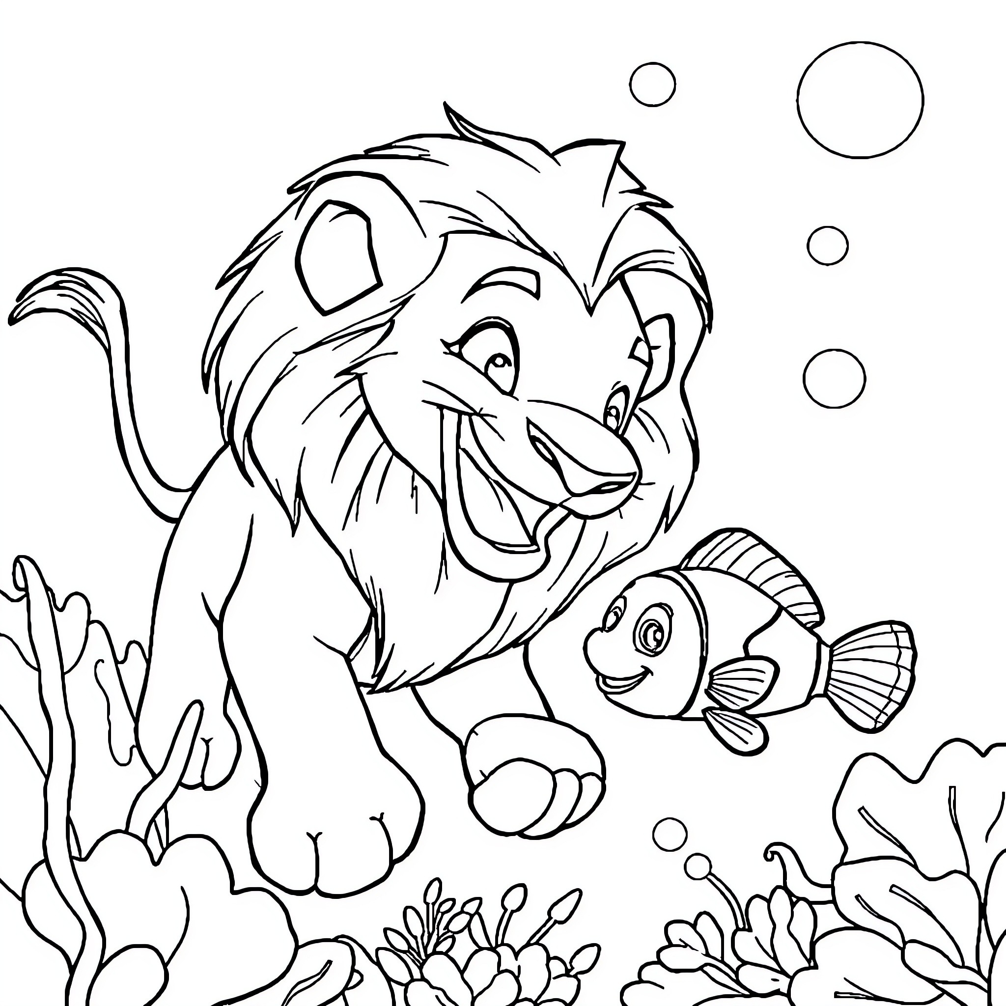 Simba playing with friend in underwater scene Coloring Page (free black-and-white line drawing printable PDF for all, from beginners to advanced learners, including children, teens, adults, and seniors)