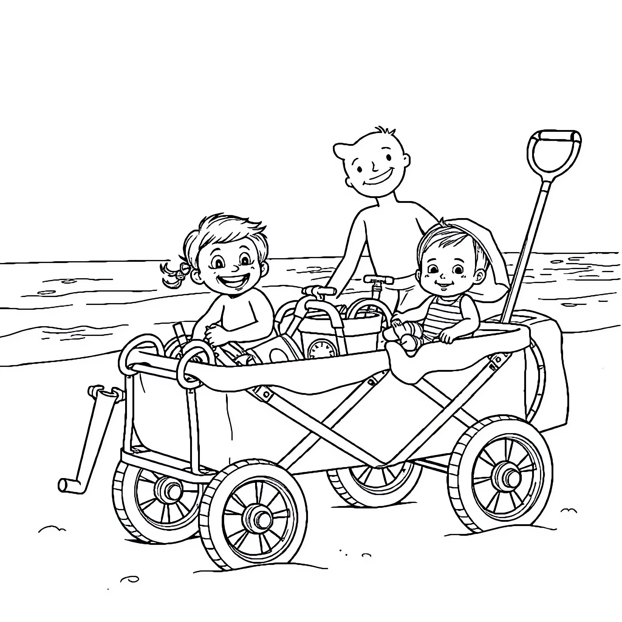 Family enjoying a day at the beach with a wagon Coloring Page (free black-and-white line drawing printable PDF for all, from beginners to advanced learners, including children, teens, adults, and seniors)