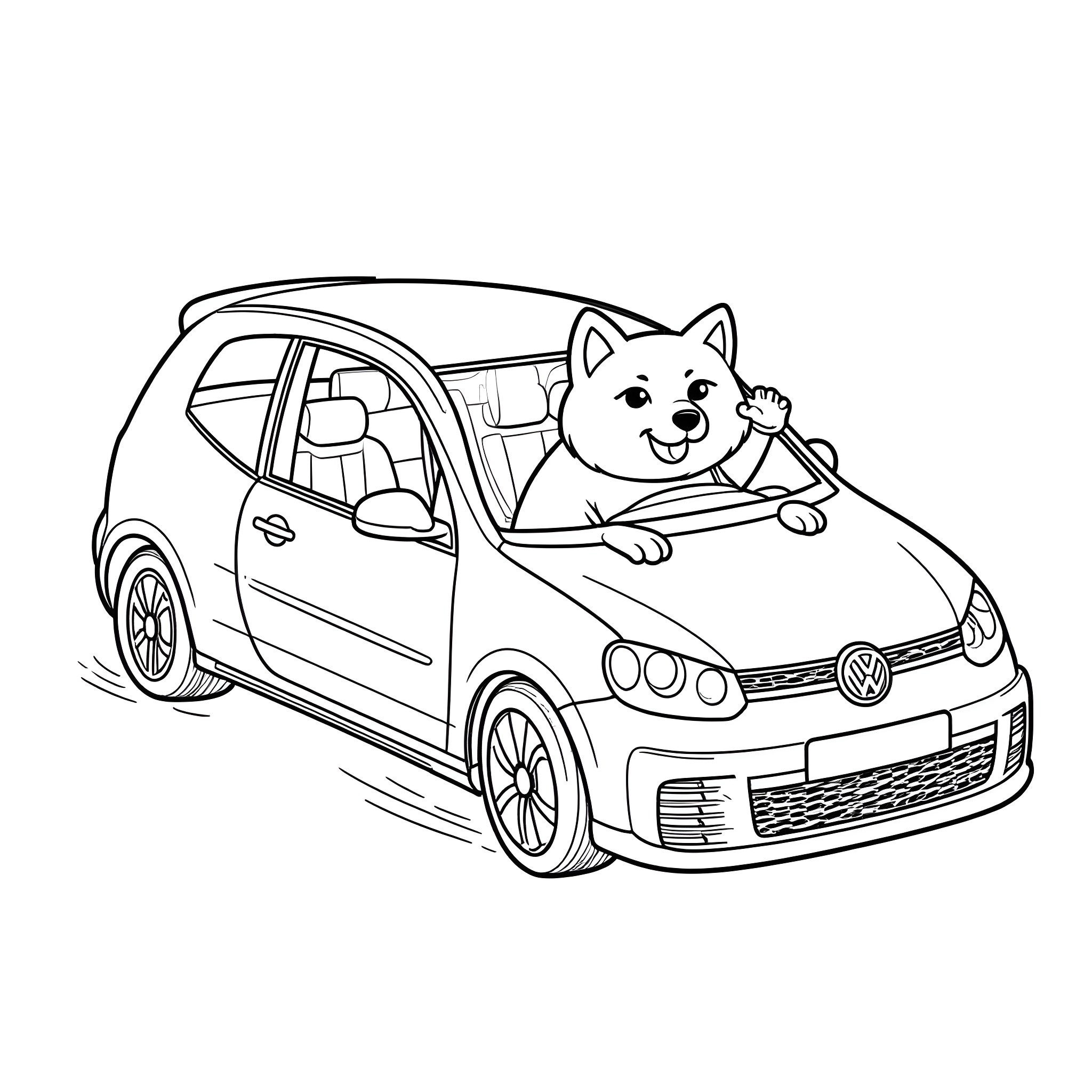 Shiba Inu dog driving a car happily Coloring Page (free black-and-white line drawing printable PDF for all, from beginners to advanced learners, including children, teens, adults, and seniors)